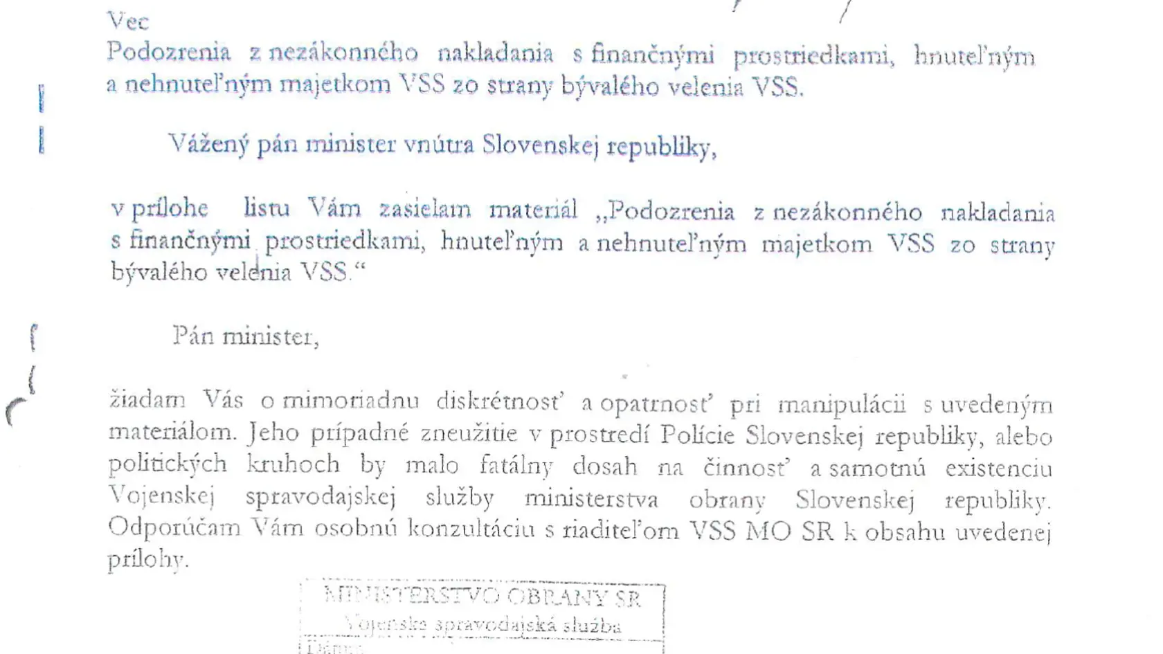 Dokument, ktorý zverejnil Smer a má dokazovať podozrenie z nezákonného nakladania s finančnými prostriedkami v čase, kedy bol Roman Mikulec vo vysokej funkcii vojenskej spravodajskej služby.