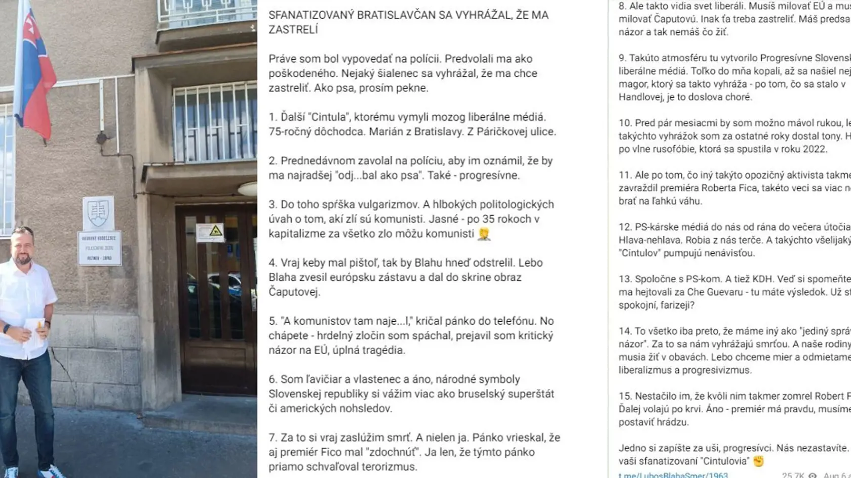 Podpredseda Smeru a europoslanec Ľuboš Blaha informoval ešte v utorok 6. augusta svoje publikum na sociálnej sieti o tom, že istý dôchodca z Bratislavy sa mu vyhráža zabitím. „Prednedávnom zavolal na políciu, aby im oznámil, že by ma najradšej "odj...bal ako psa". Také - progresívne," napísal o dôchodcovi z Bratislavy ľavicový politik.