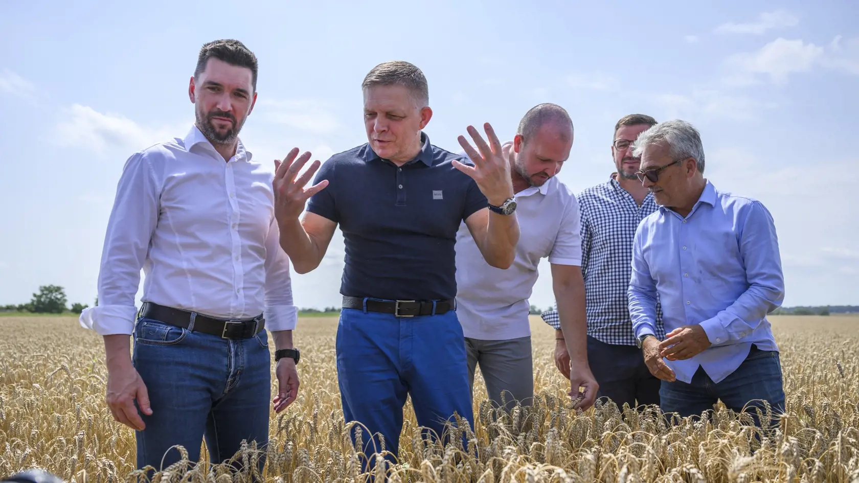 Na snímke zľava minister pôdohospodárstva a rozvoja vidieka SR Richard Takáč (Smer-SD), predseda vlády SR Robert Fico (Smer-SD), predseda Slovenskej poľnohospodárskej a potravinárskej komory (SPPK) Andrej Gajdoš a podpredseda SPPK Emil Macho pózujú v žite počas žatvy.