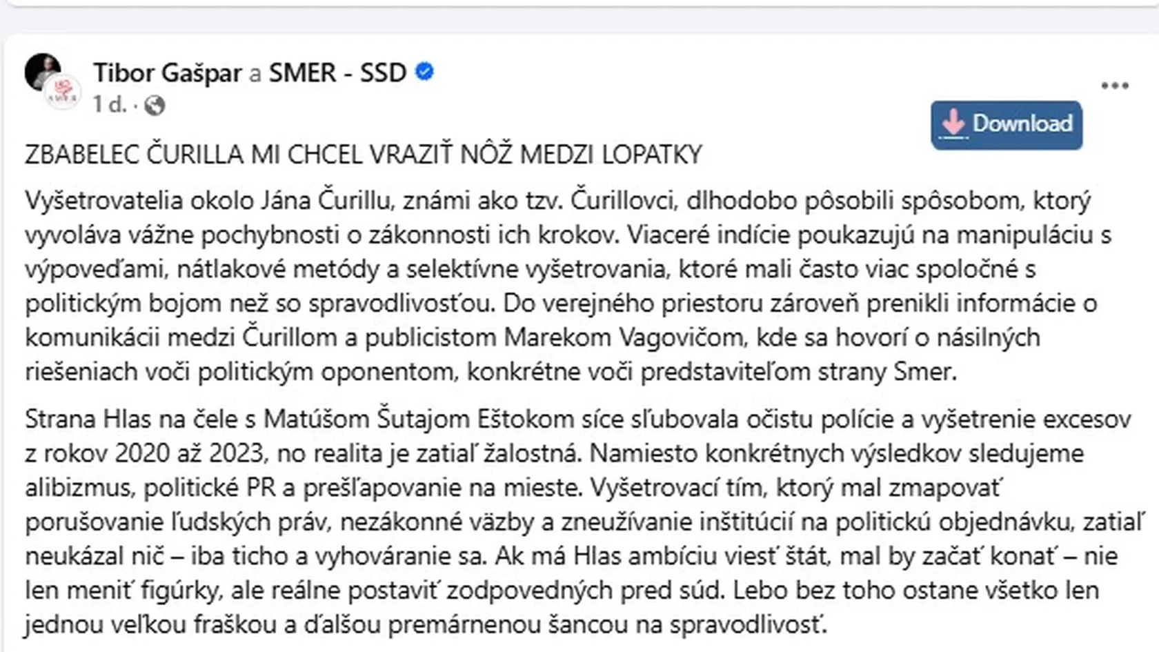 „Strana Hlas na čele s Matúšom Šutajom Eštokom síce sľubovala očistu polície a vyšetrenie excesov z rokov 2020 až 2023, no realita je zatiaľ žalostná. Namiesto konkrétnych výsledkov sledujeme alibizmus, politické PR a prešľapovanie na mieste," takto naložil smerák Tibor Gašpar koaličnému partnerovi. Príspevok zverejnil spolu s videom, na ktorom ho spovedá Šramová v sobotu 5. apríla 2025.