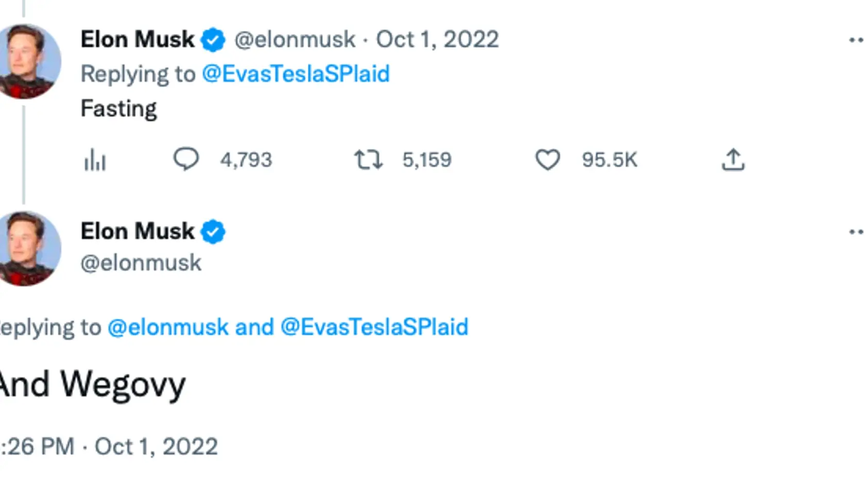Miliardár Elon Musk priznal, že schudol pomocou lieku. „Vyzeráte skvele, ste vyrysovaný a v kondícii. Aké je tajomstvo vášho schudnutia? Posilňujete? Zdravo jete?“ spýtala sa ho na Twitteri jeho fanúšička. Musk odpísal: „Pôst a Wegovy.“