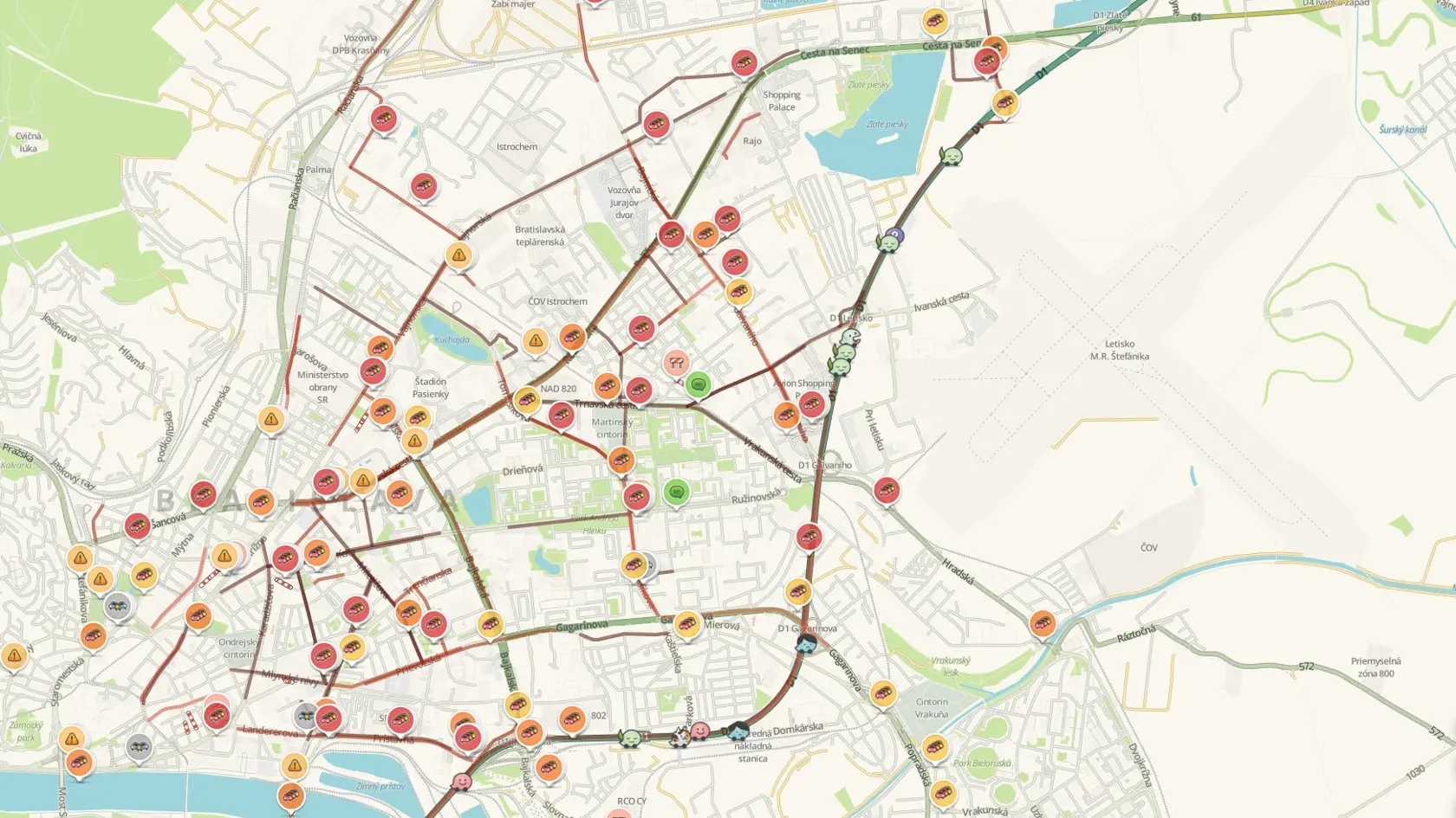 Aktuálna mapa dopravných nehôd a kolón v Bratislave.