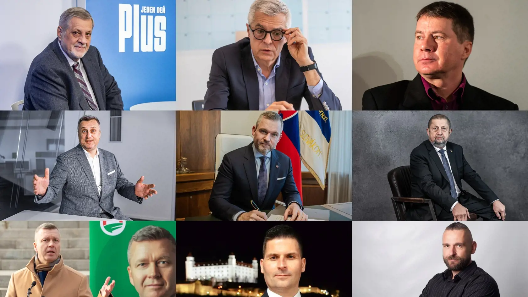 Prezidentské voľby 2024 - zoznam kandidátov. Zhora zľava: Ján Kubiš, Ivan Korčok, Patrik Dubovský, Andrej Danko, Peter Pellegrini, Štefan Harabin, Krisztián Forró, Róbert Švec a Milan Náhlik.