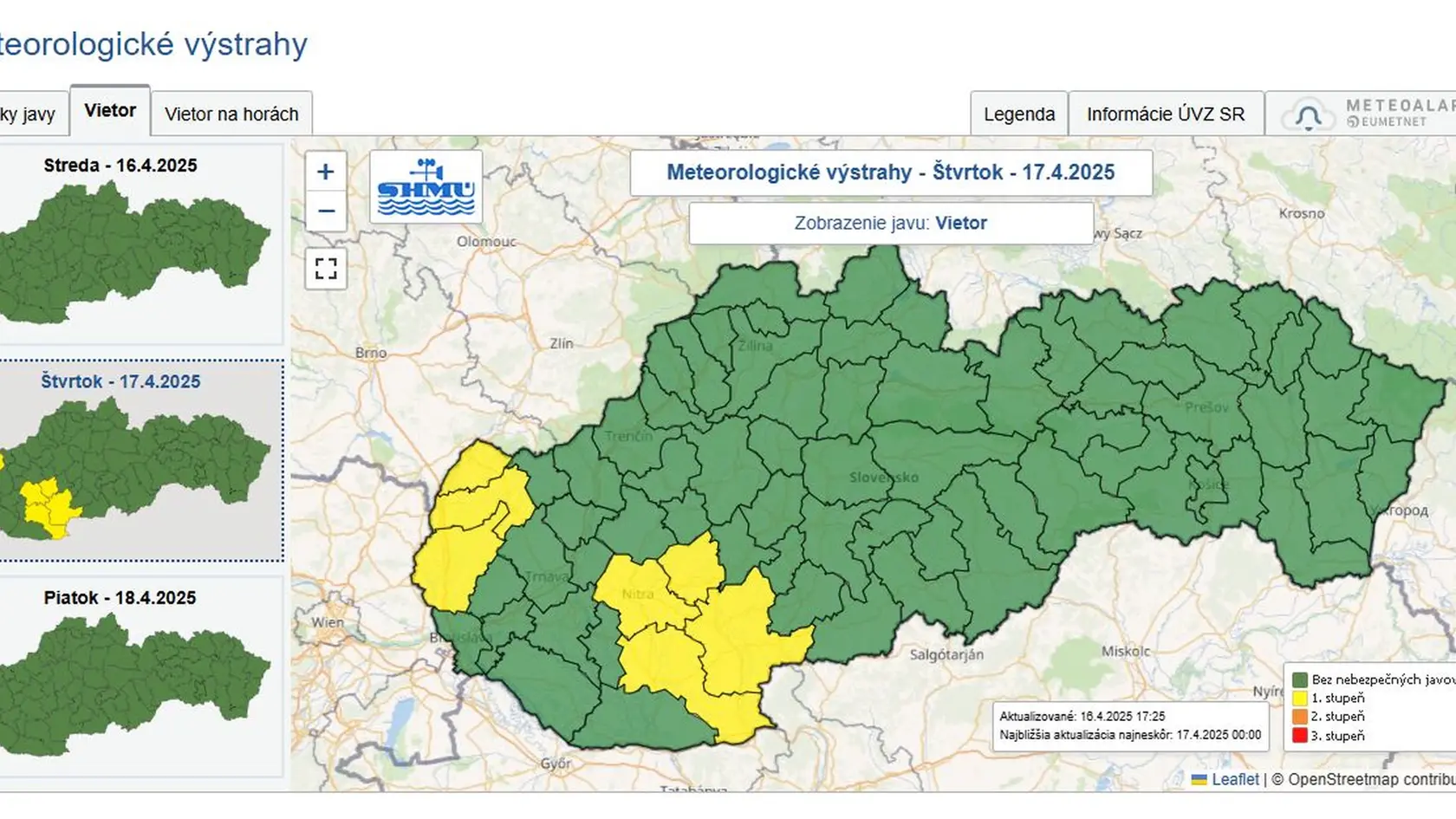 Výstrahy pred vetrom začnú platiť v okresoch Skalica, Senica, Malacky, Nitra, Zlaté Moravce, Levice a Nové Zámky o 9.00 h vo štvrtok ráno. Ojedinele sa tam očakáva priemerná rýchlosť vetra 45 kilometrov za hodinu.