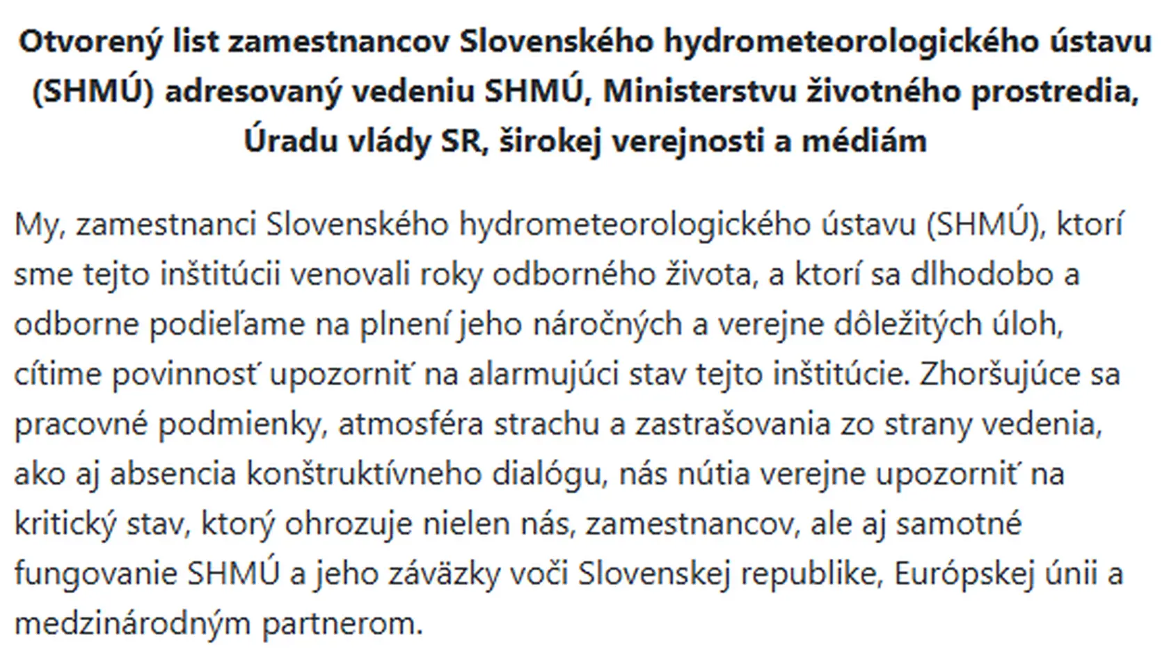 Požiadavky zamestnancov SHMÚ