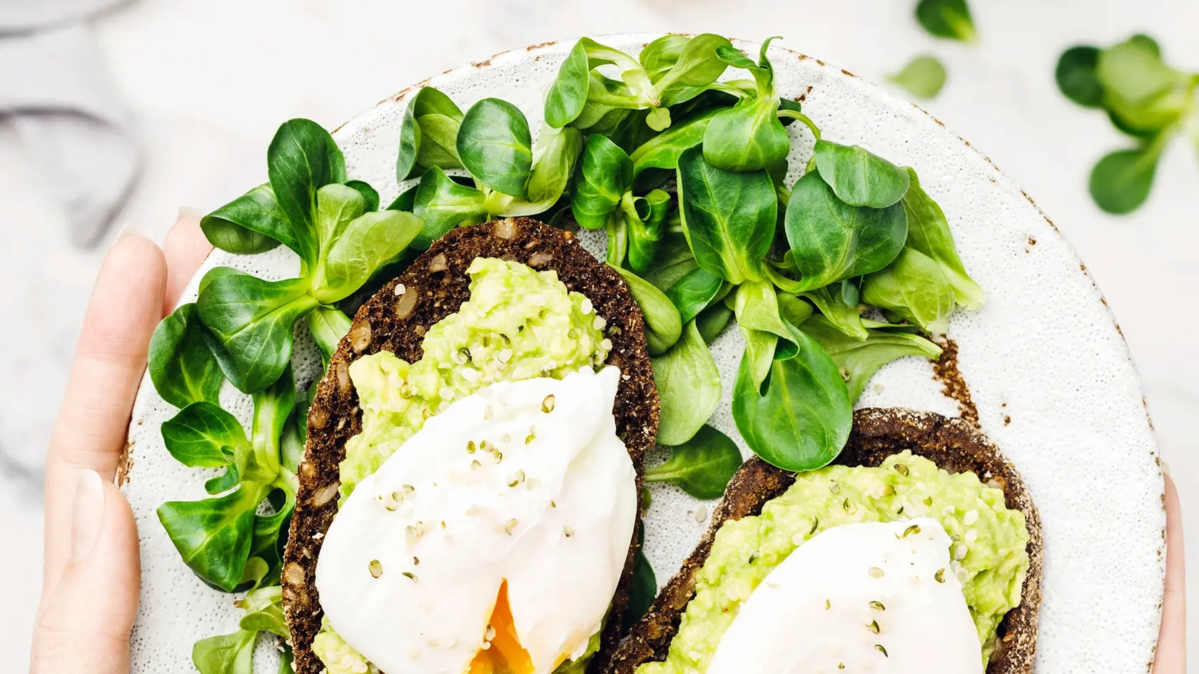 Avocado,And,Poached,Egg,On,Rye,Bread.,Female,Hands,Holding