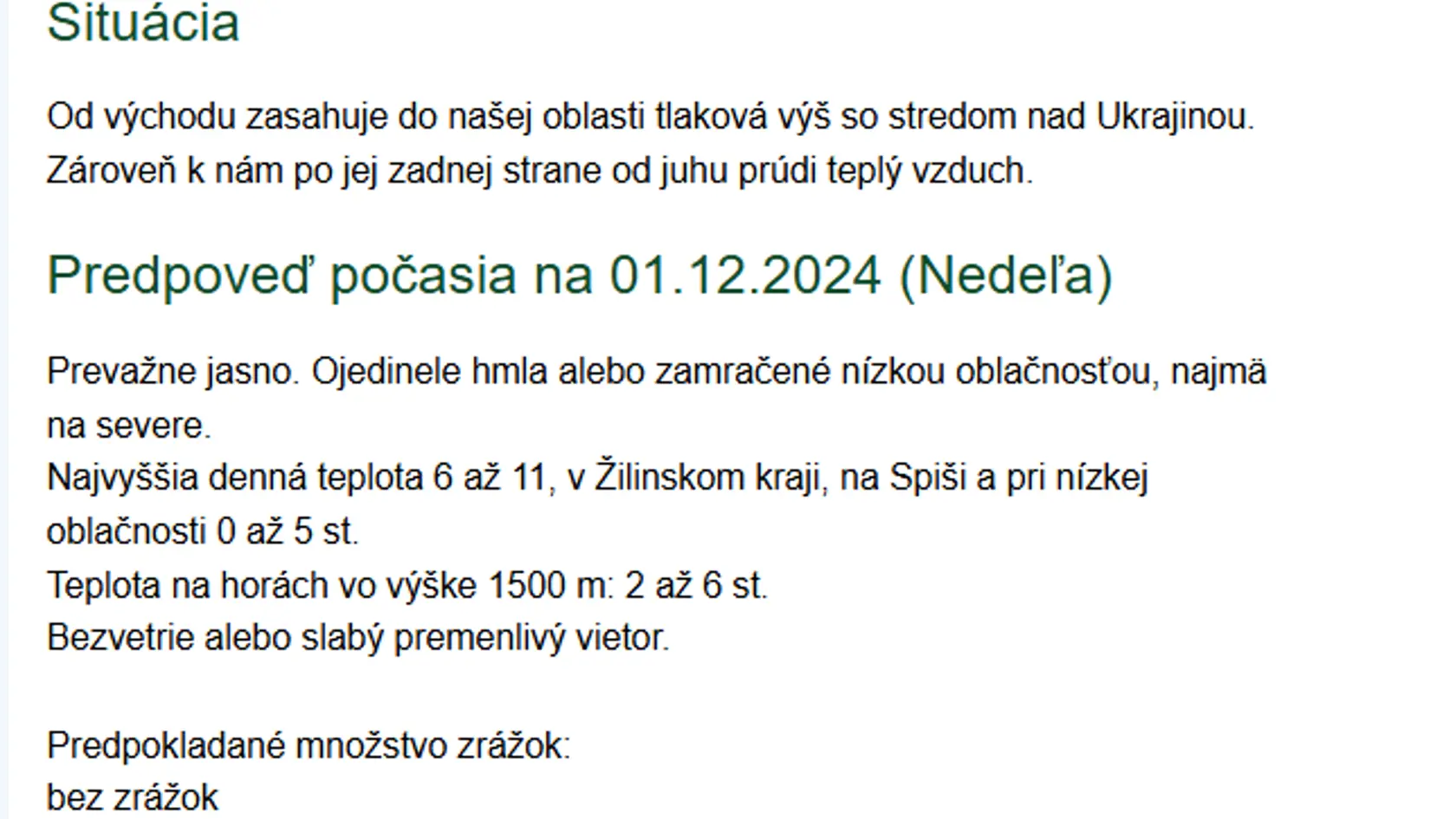 Predpoveď počasia na prvý decembrový týždeň.
