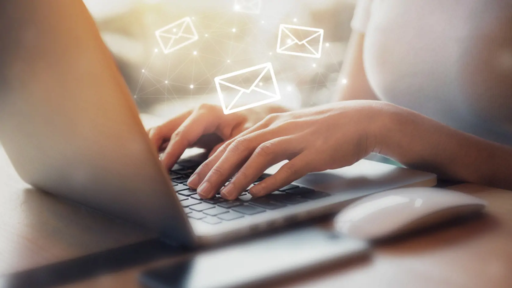 Closeup,Woman,Hand,Using,Laptop,Pc,With,Email,Icon,,Email