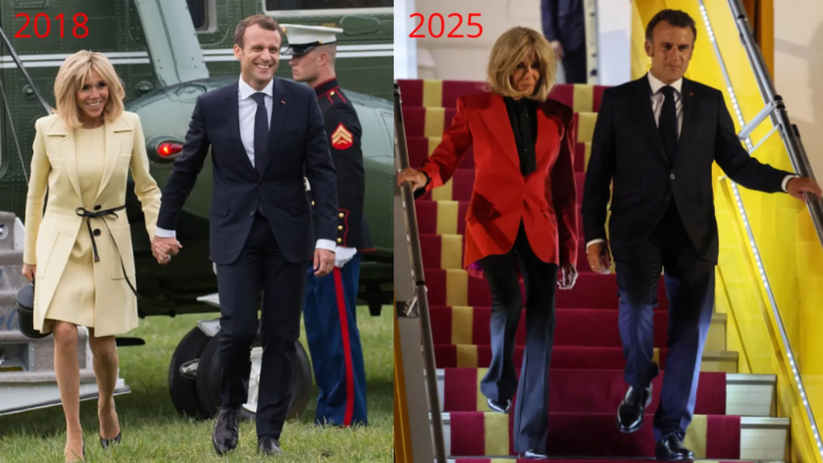 Nájdite tri rozdiely: Emmanuel a Brigitte Macron vystupujú z lietadla v roku 2018 a 2025. 