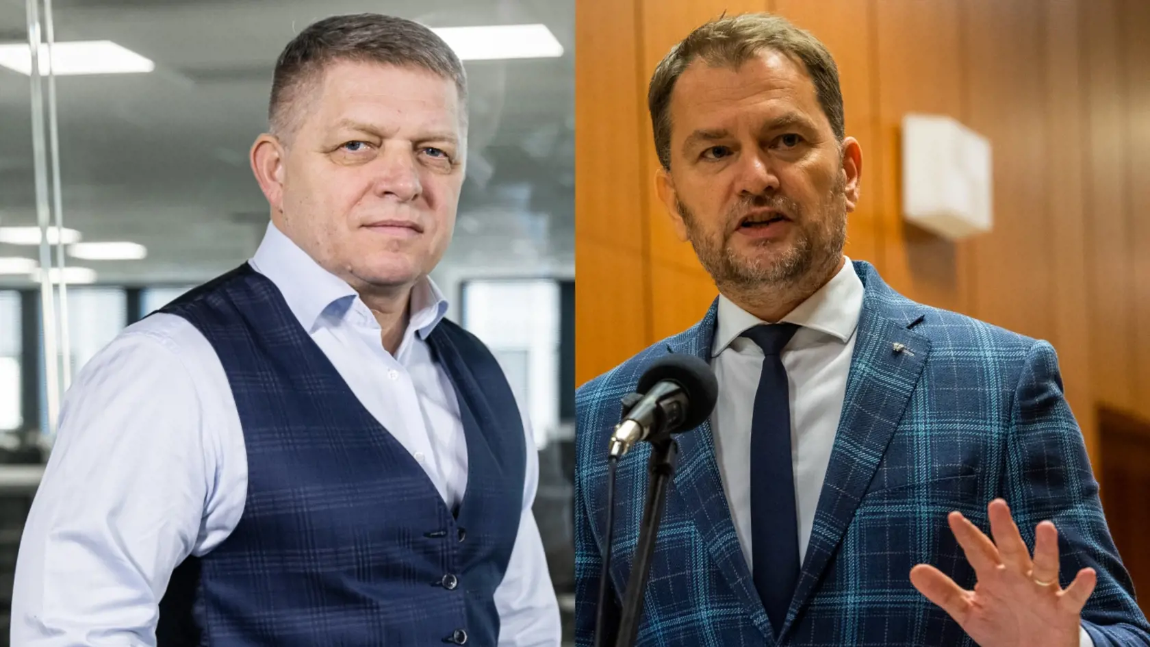 Líder Smer Robert Fico (vľavo) obviňuje šéfa OĽANO Igora Matoviča (vpravo) z daňových podvodov, ktoré mu mal pomôcť spáchať Peter Petrov.