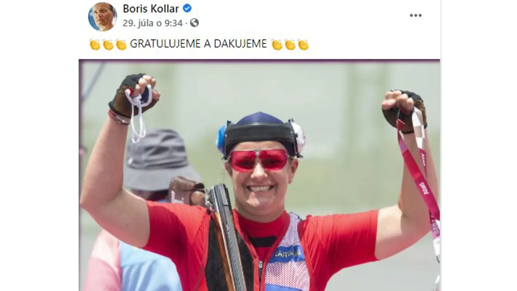 Zatiaľ jedinú zlatú medailu na OH v Tokiu 2021 získala pre Slovensko strelkyňa Zuzana Rehák-Štefečková. Predseda parlamentu Boris Kollár bol stručný a výstižný. „Gratulujeme a ďakujeme za fantastický výsledok!,“ napísal v statuse pod fotkou.