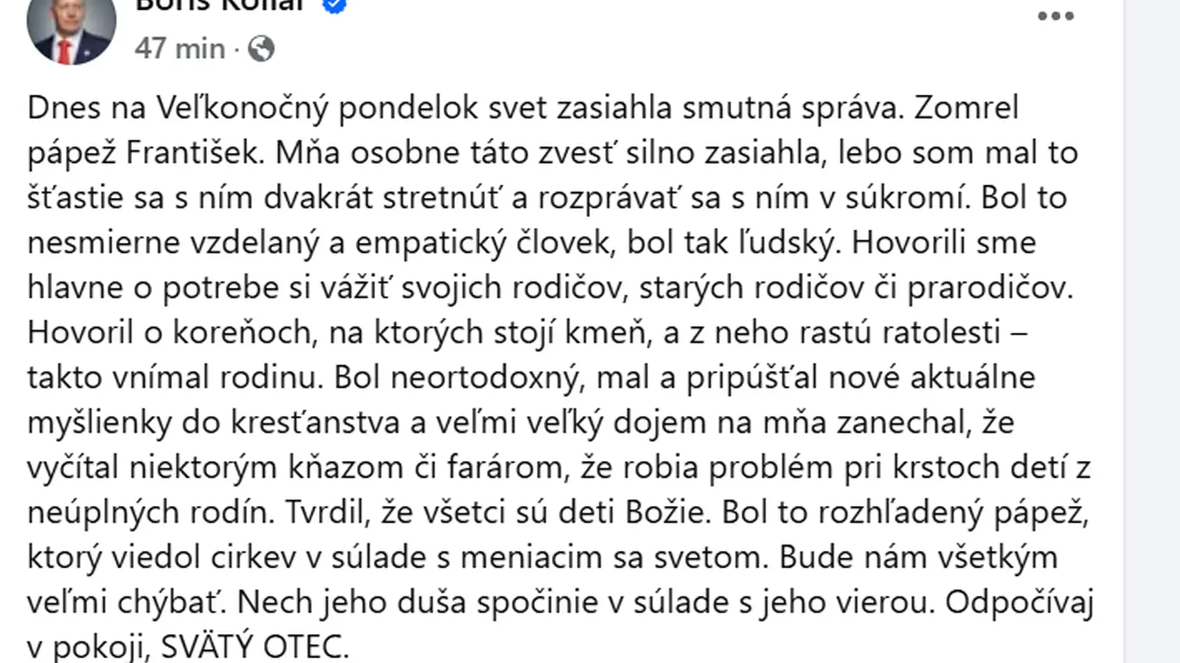 Boris Kollár vyjadril ľútosť nad úmrtím pápeža Františka.