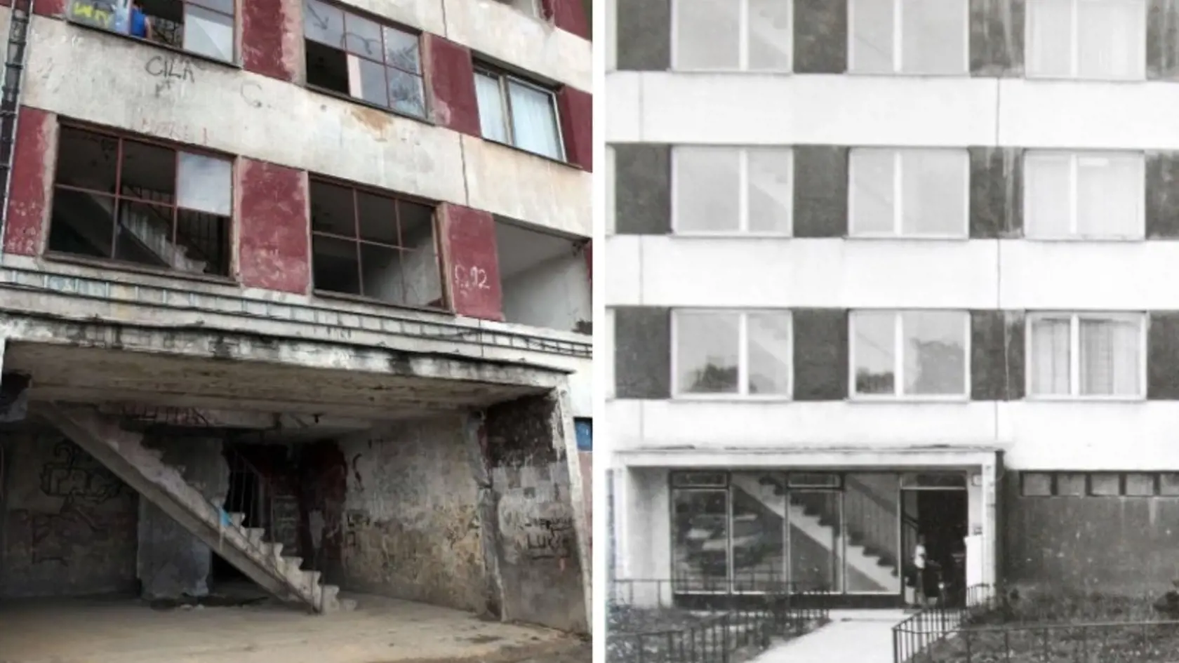 Aj tak vyzerajú vstupy do bytov na Luniku IX. Vpravo obytný dom kedysi.