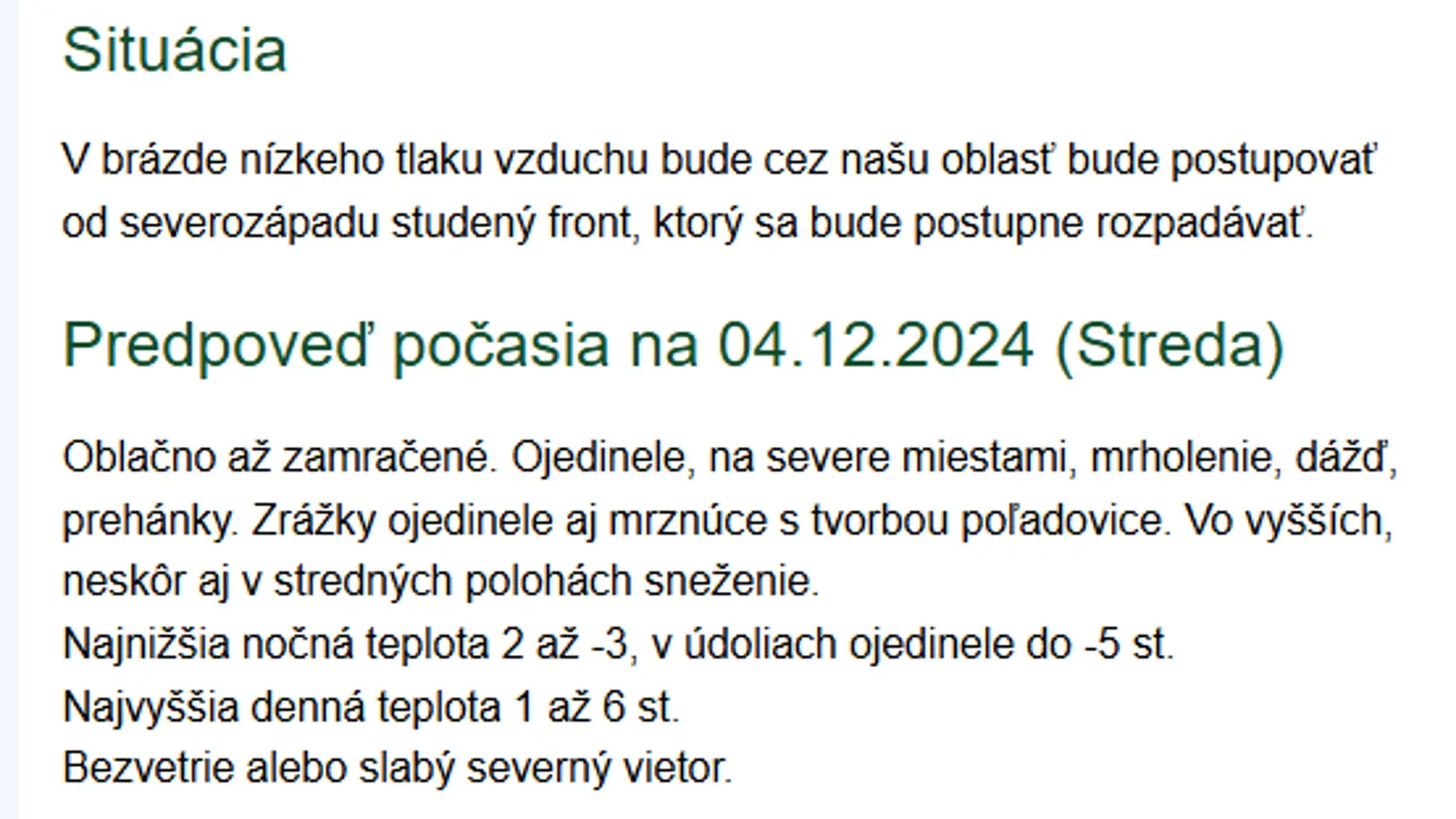 Predpoveď počasia na prvý decembrový týždeň.