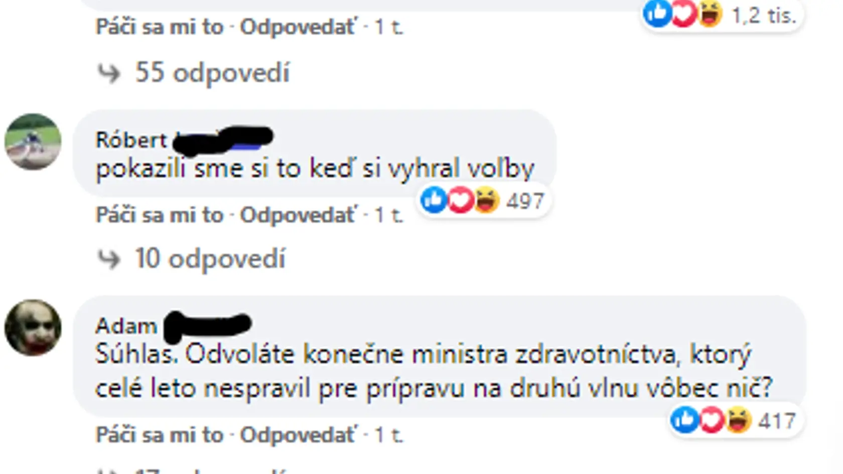 Príspevky pod statusom premiéra Igora Matoviča na sociálnej sieti.