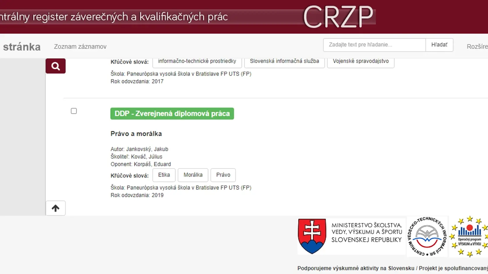 Diplomová práca Jakuba Jankovského je zverejnená v Centrálnom registri záverečných prác.
