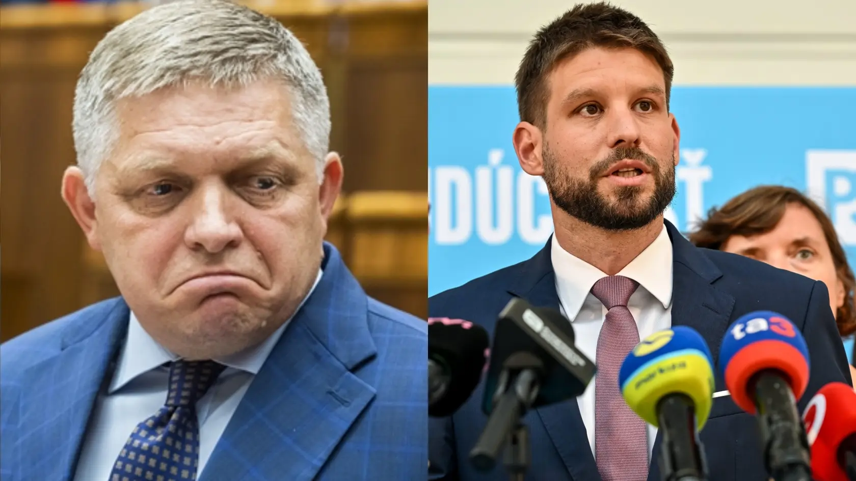 Na snímke zľava šéf strany Smer-SD Robert Fico a predseda Progresívneho Slovenska Michal Šimečka.