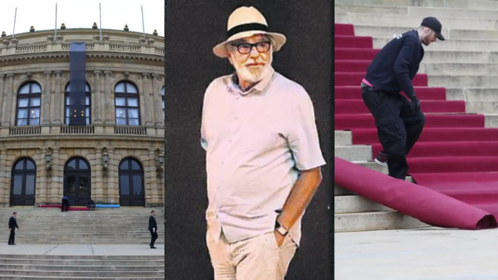Posledná rozlúčka s Jiřím Bartoškom (†78) v pražskom Rudolfíne. Na schodoch je pripravený červený koberec. 