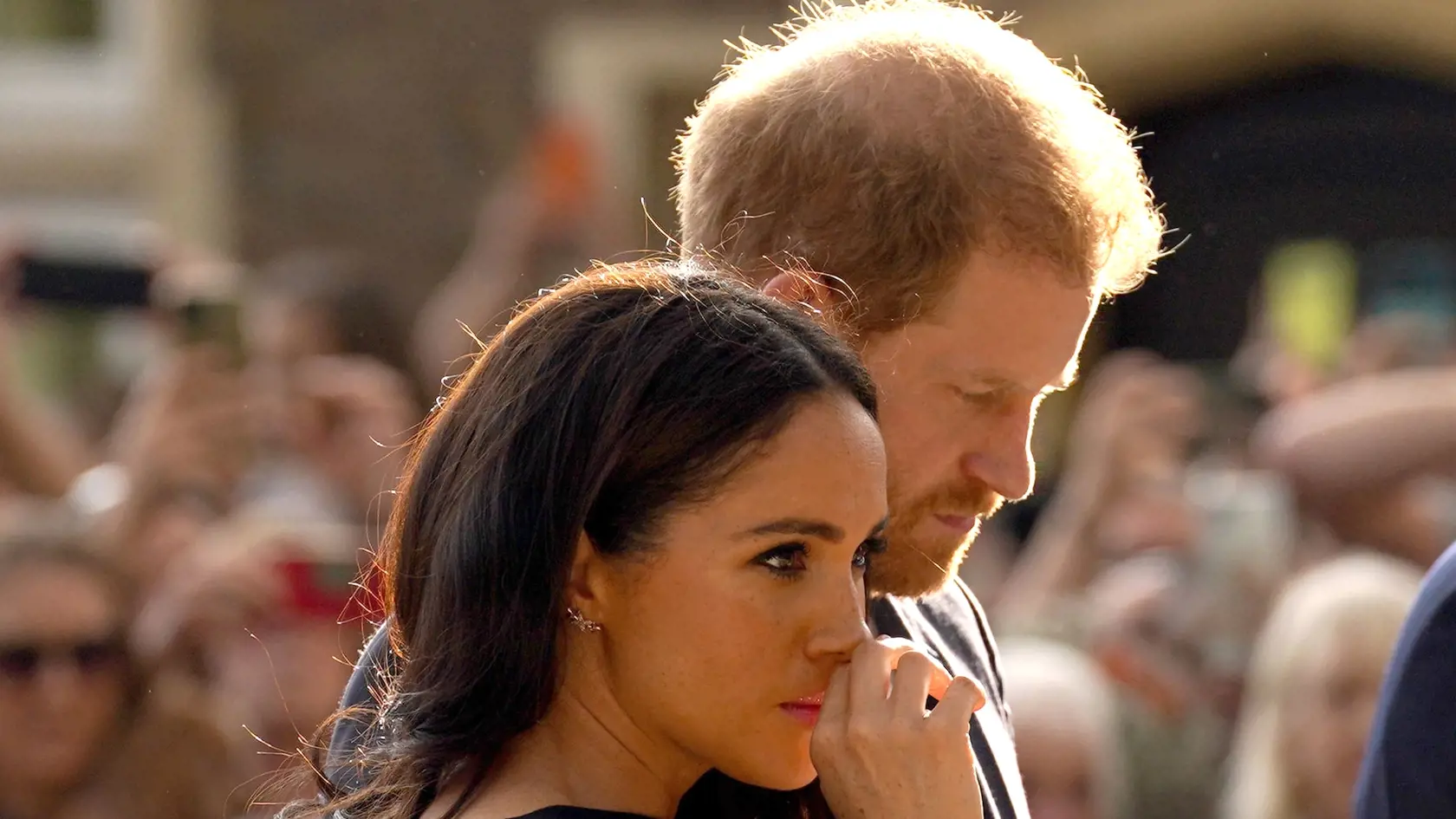 The Prince and Princess of Wales Accompanied By The Duke And Duchess Of Sussex Greet Wellwishers Outside Windsor Castle