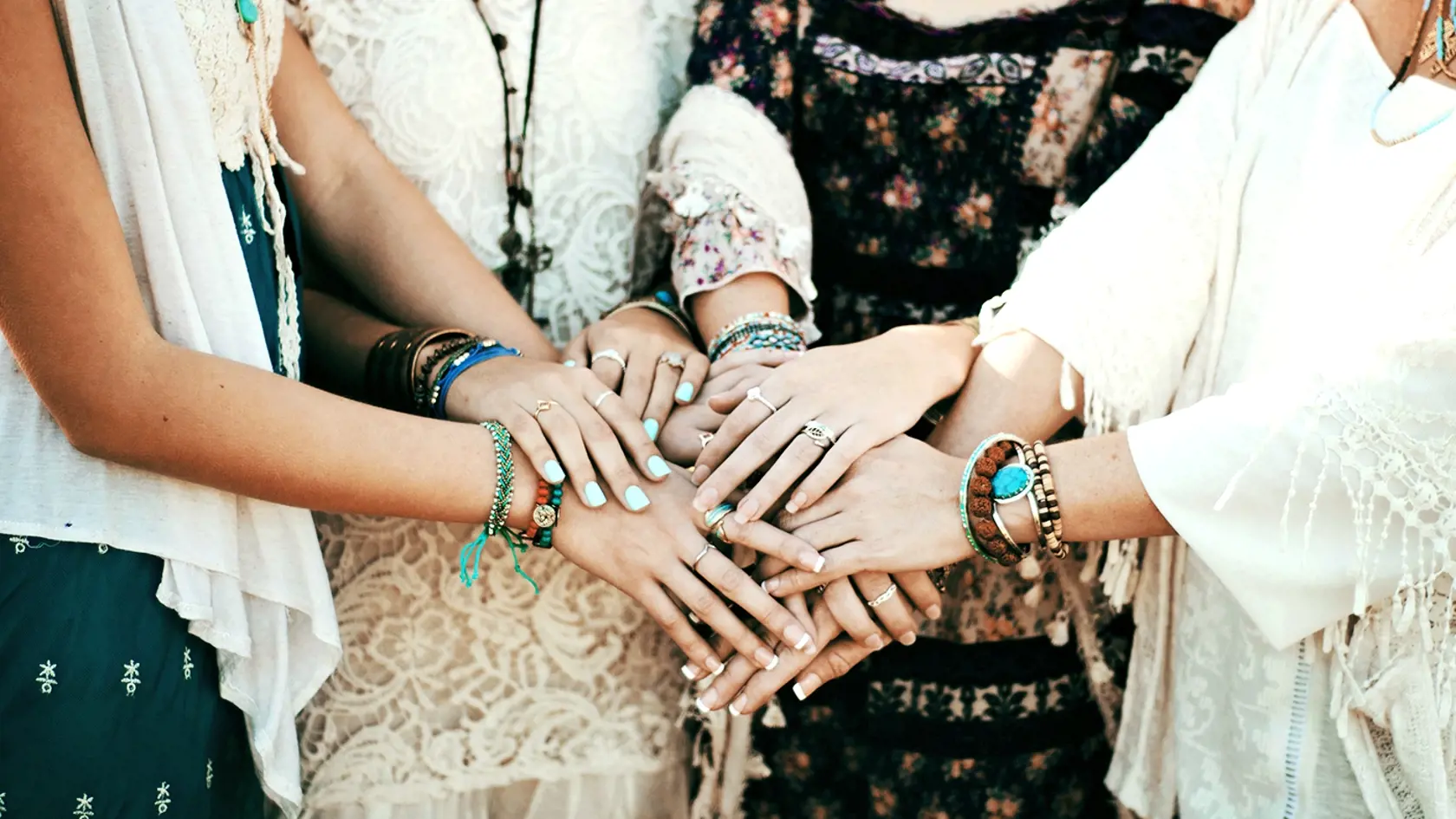 Four,Boho,Style,Women,From,Behind,Outdoors