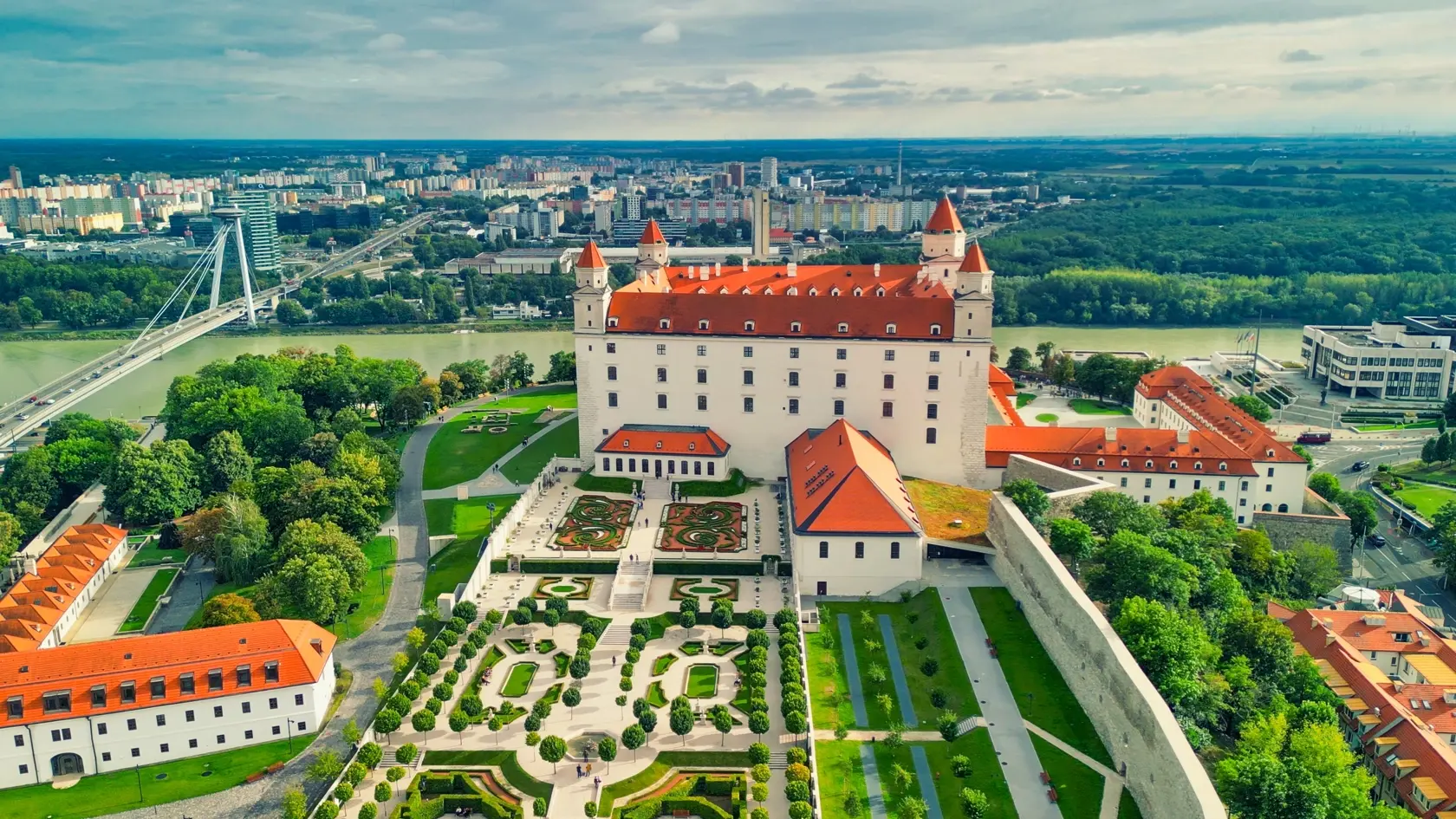 Aerial view of Bratislava Castle and city skyline on a summer afternoon, Slovakia