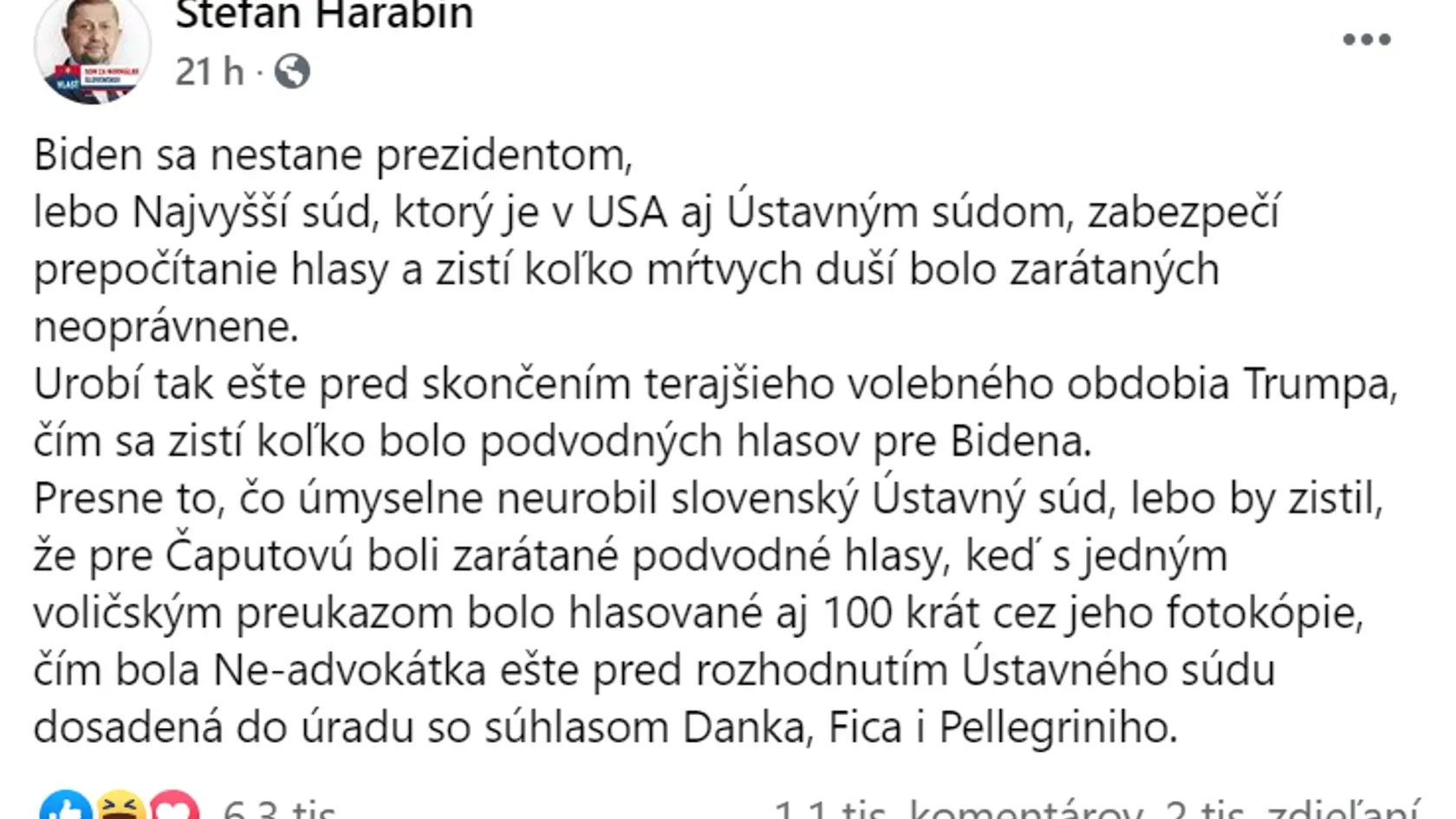 Štefan Harabin tvrdí, že Trump bol rovnako oklamaný, ako on vo voľbách v roku 2019.