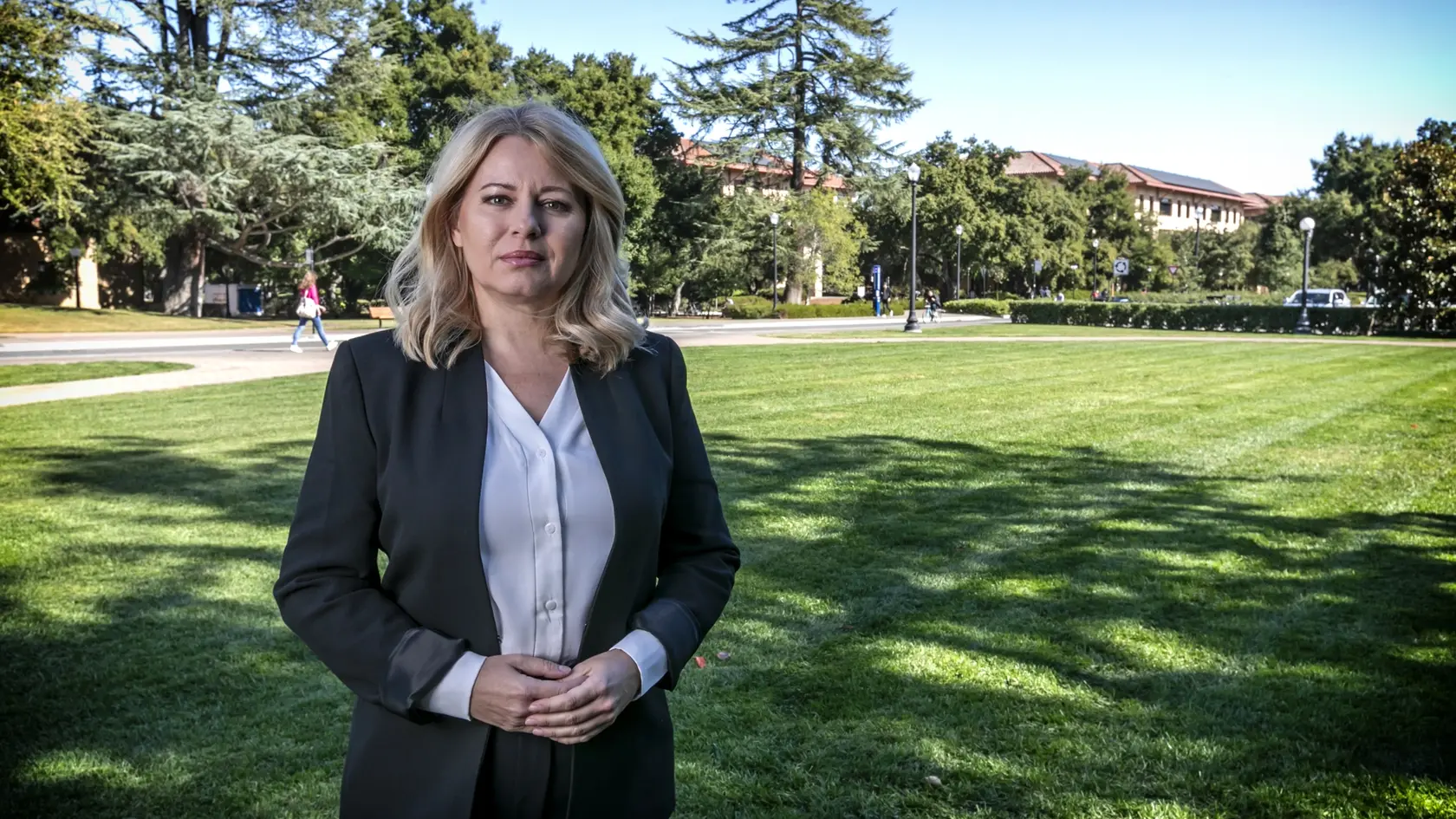 Na snímke bývalá prezidentka Zuzana Čaputová počas rozhovoru na Univerzite v Stanforde. 