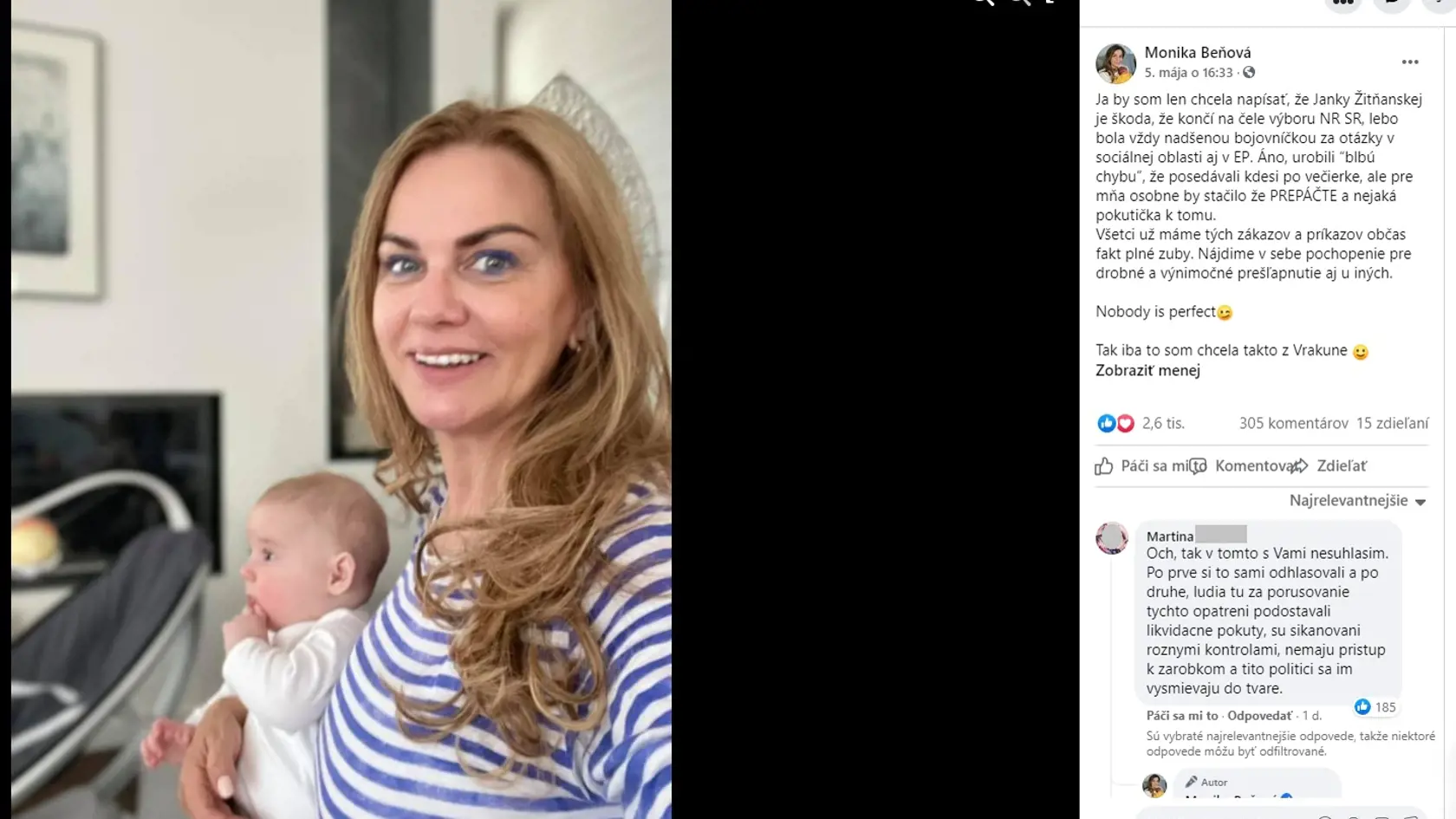 Podľa Monika Beňovej je škoda, že Jana Žitňanská končí na čele výboru NR SR, podľa nej by stačilo prepáčte a nejaká pokutička.