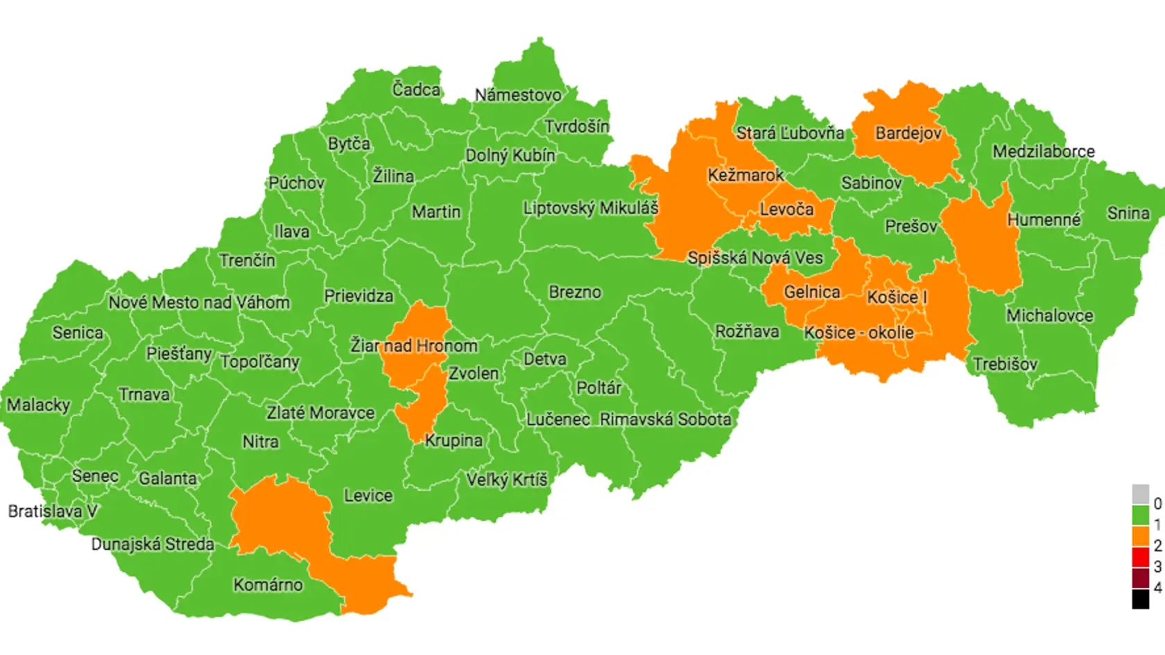 Covid automat bude mať v búducom týždni (30.8. - 5.9.) 14 oranžových okresov.