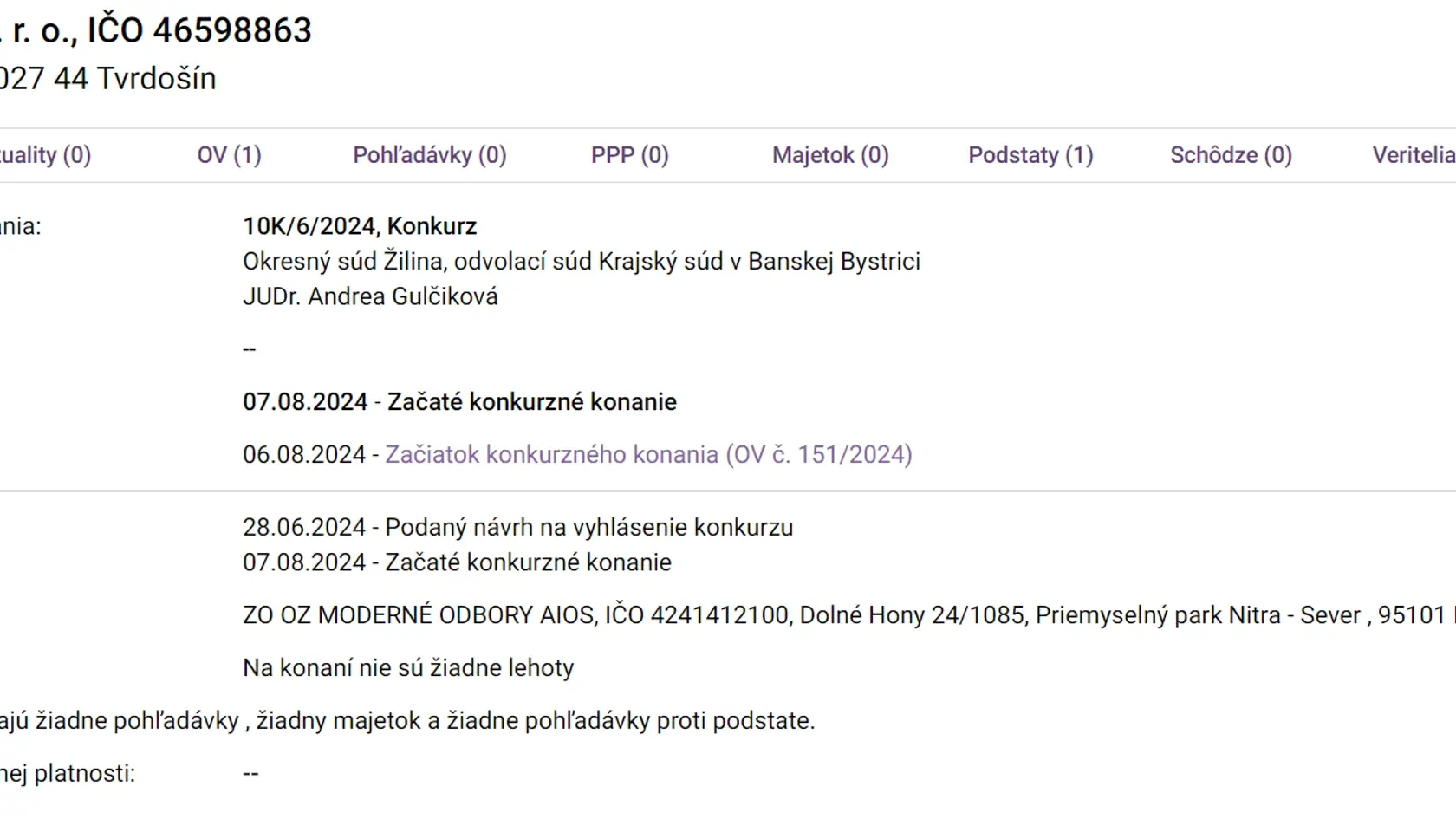 Návrh na vyhlásenie konkurzu bol podaný 28.6. a konkurzné konanie bolo začaté v stredu 7.8.