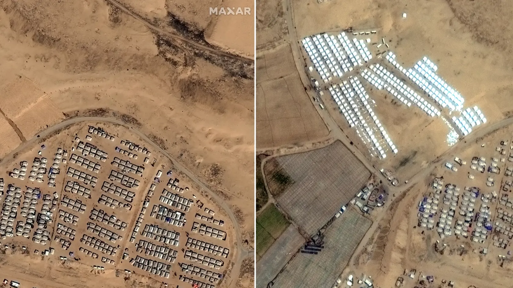 WA 43 Rafah - Na kombosnímke sú letecké snímky americkej spoločnosti Maxar Technologies zobrazujúce oblasť pred výstavbou stanového tábora v blízkosti mesta Rafah v Pásme Gazy zo 7. apríla 2024 (vľavo) a po výstavbe stanov z 23. apríla 2024. FOTO TASR/AP 

This combination aerial images provided by Maxar Technologies, shows an area before a tent camp was built near Rafah in Gaza on April 7, 2024, left, and after the tents were built on April 23, 2024. (Satellite image Â©2024 Maxar Technologies v