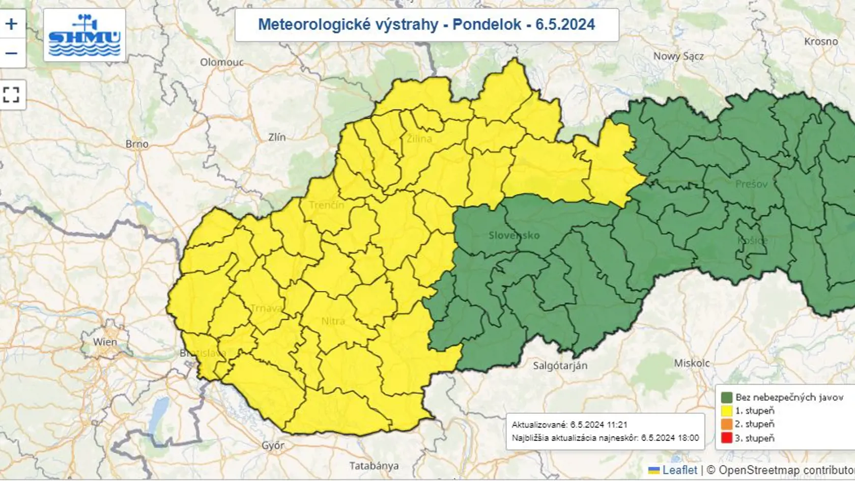 Výstrahy pred búrkami platia v celom Bratislavskom, Trnavskom, Nitrianskom, Trenčianskom a Žilinskom kraji a v okresoch Žarnovica, Žiar nad Hronom a Poprad od 15.00 h do utorka (7. 5.)