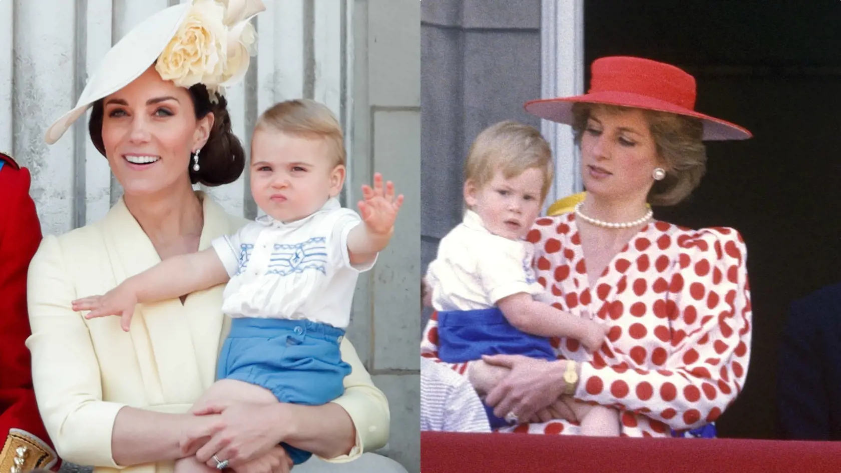 Vojvodkyňa Kate a jej syn, ročný princ Louis. Vpravo princezná Diana s princom Harrym, keď bol po prvýkrát na oslavách Trooping the Colour pred 33 rokmi.