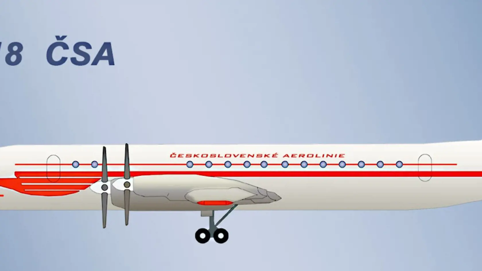 Lietadlo IL-18B OK-NAB vo farbách ČSA Išlo o 84 miestne, štvormotorové turbovrtuľové lietadlo sovietskej výroby. Do flotily ČSA bolo zaradené v januári 1960.