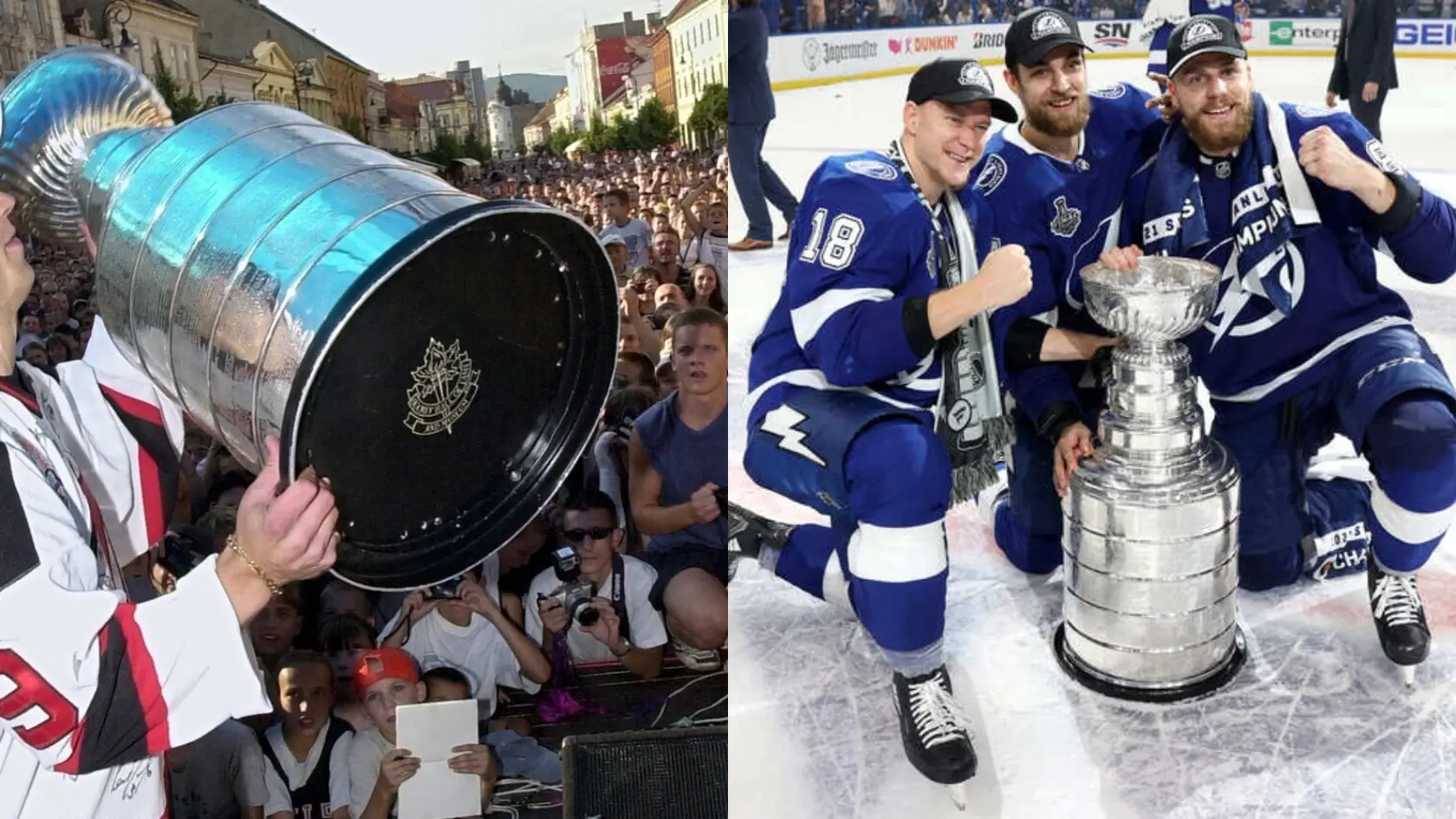Vľavo Jirko Bicek oslavuje zisk Stanley Cupu v roku 2003 v Košiciach. Dočkajú sa východniari osláv aj s Erikom Černákom (vpravo)?
