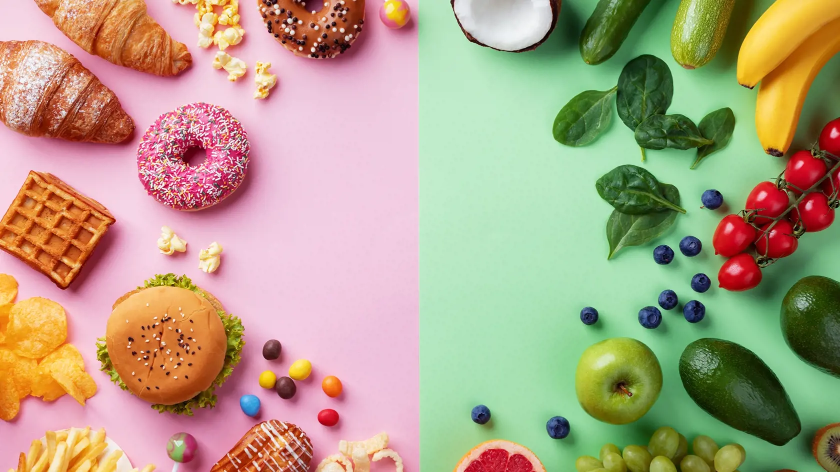 Healthy,And,Unhealthy,Food,Background,From,Fruits,And,Vegetables,Vs