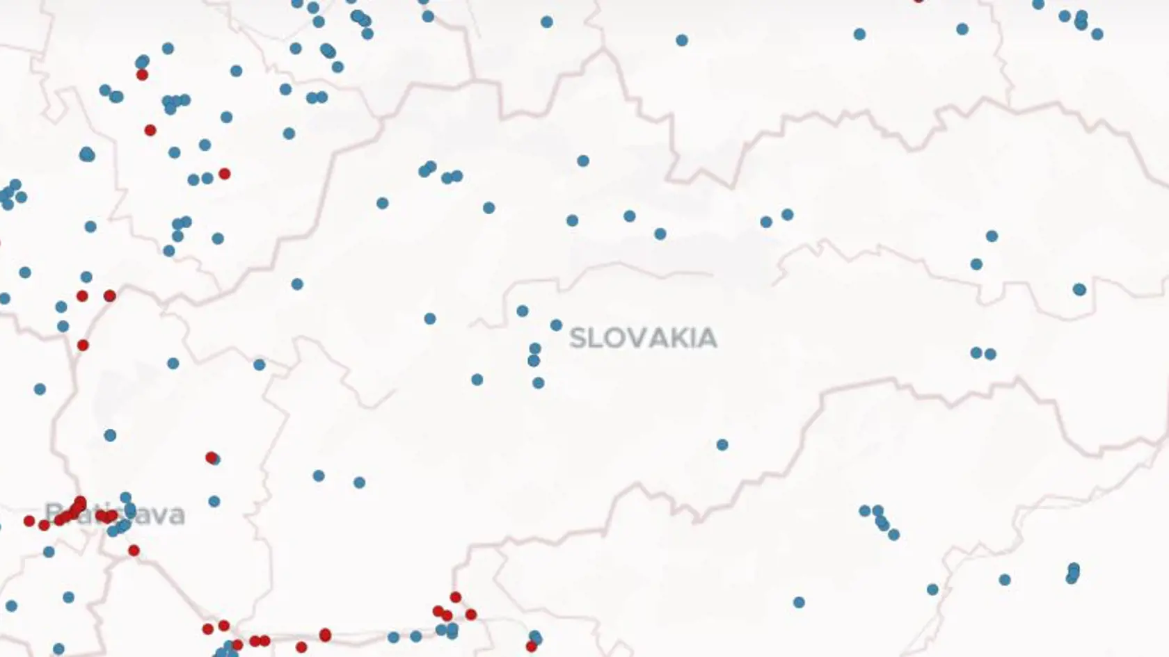 SLOVENSKO - EURÓPA - Červené bodky signalizujú miesta kontaminácie, modré sú oblasti predpokladanej kontaminácie.