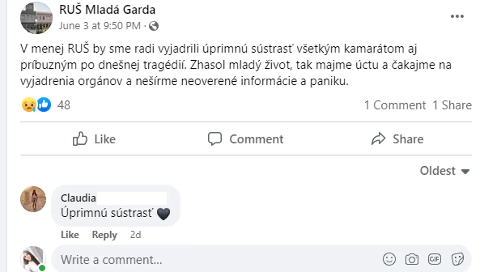 Vedenie internátu Mladá Garda vyjadrila úprimnú sústrasť pozostalým na sociálnej sieti.