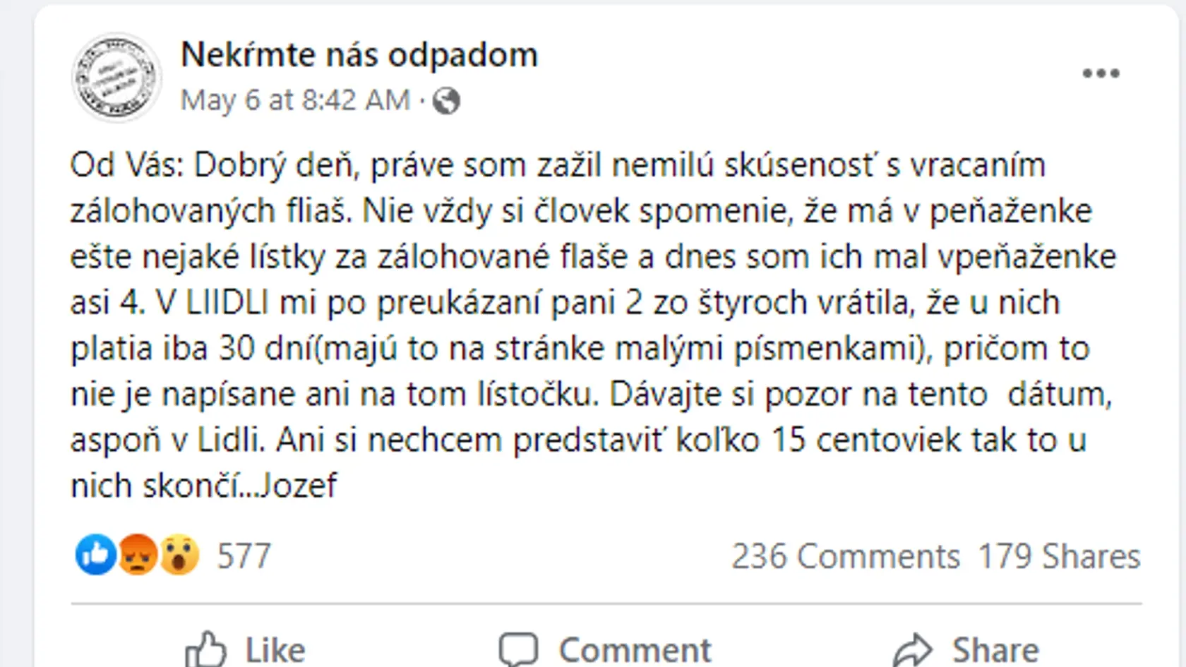 Jozef sa so svojim problémom podelil na sociálnej sieti.