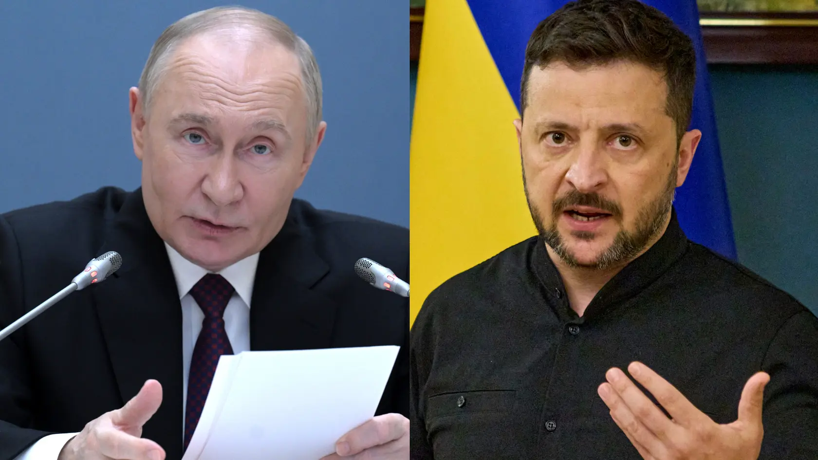 Na snímke je ruský prezident Vladimir Putin a ukrajinský prezident Volodymyr Zelenskyj.