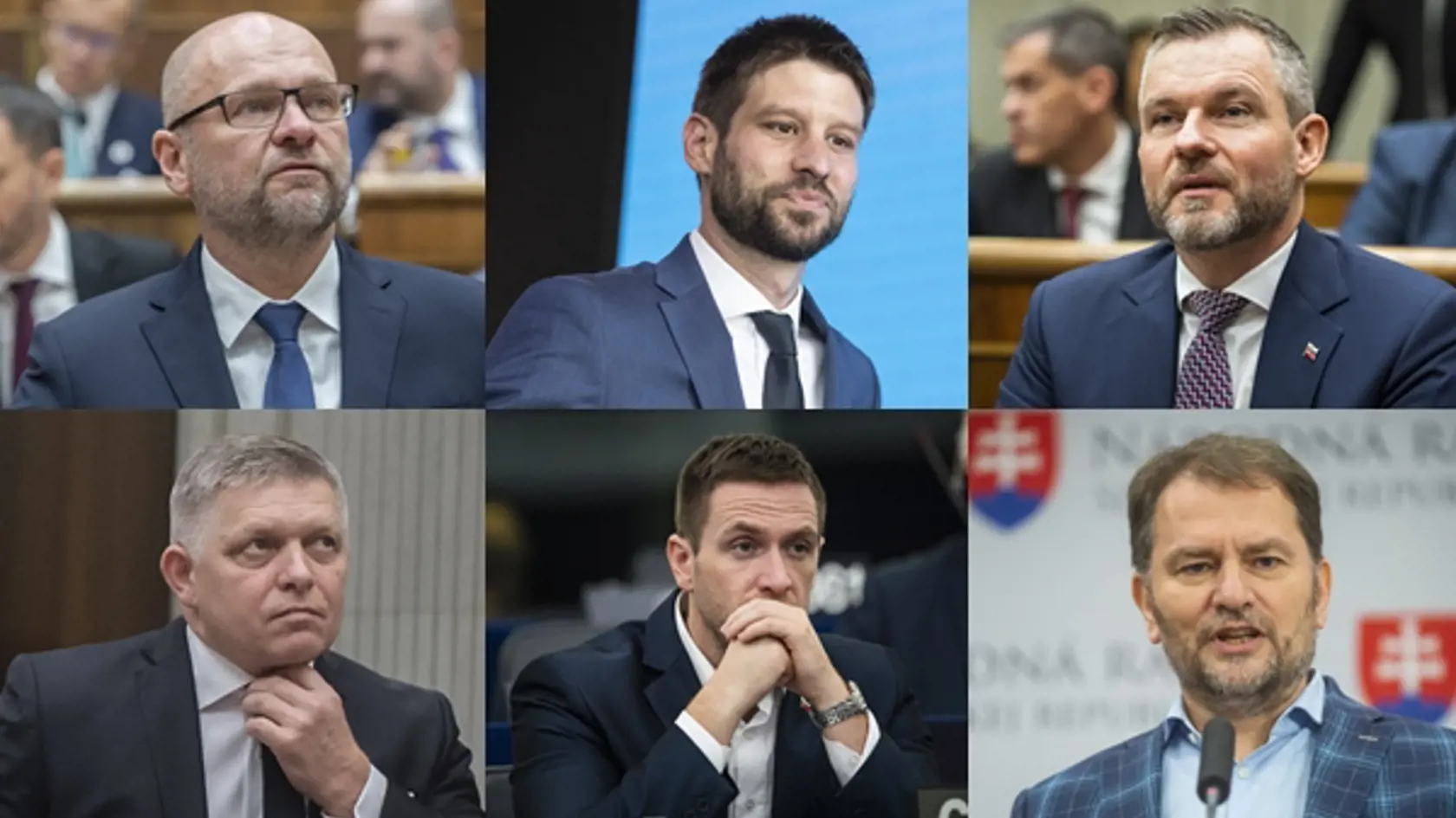 Zľava hore: Richard Sulík, Michal Šimečka, Peter Pellegrini.
Zľava dole: Robert Fico, Milan Uhrík, Igor Matovič.