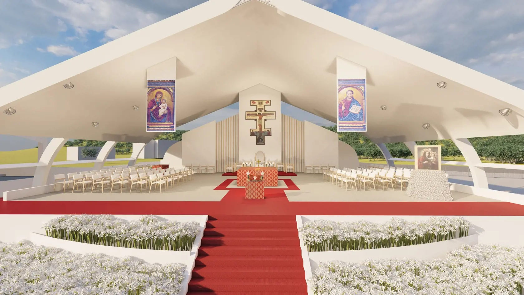 Vizualizácia liturgického priestoru pred prešovskou mestskou halou, kde bude pápež František sláviť bohoslužbu.