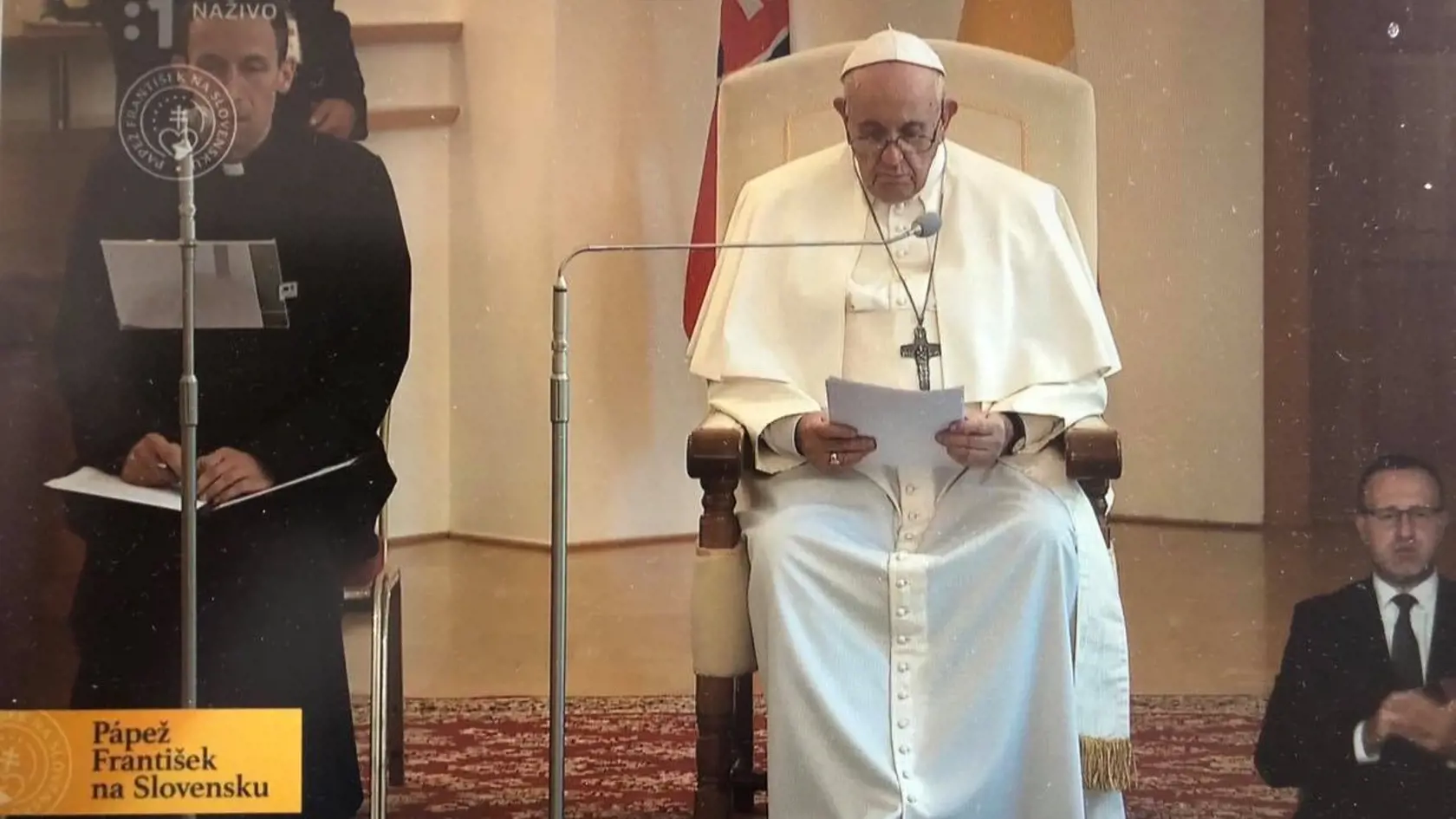 Pápež František počas svojho príhovoru na Slovensku.