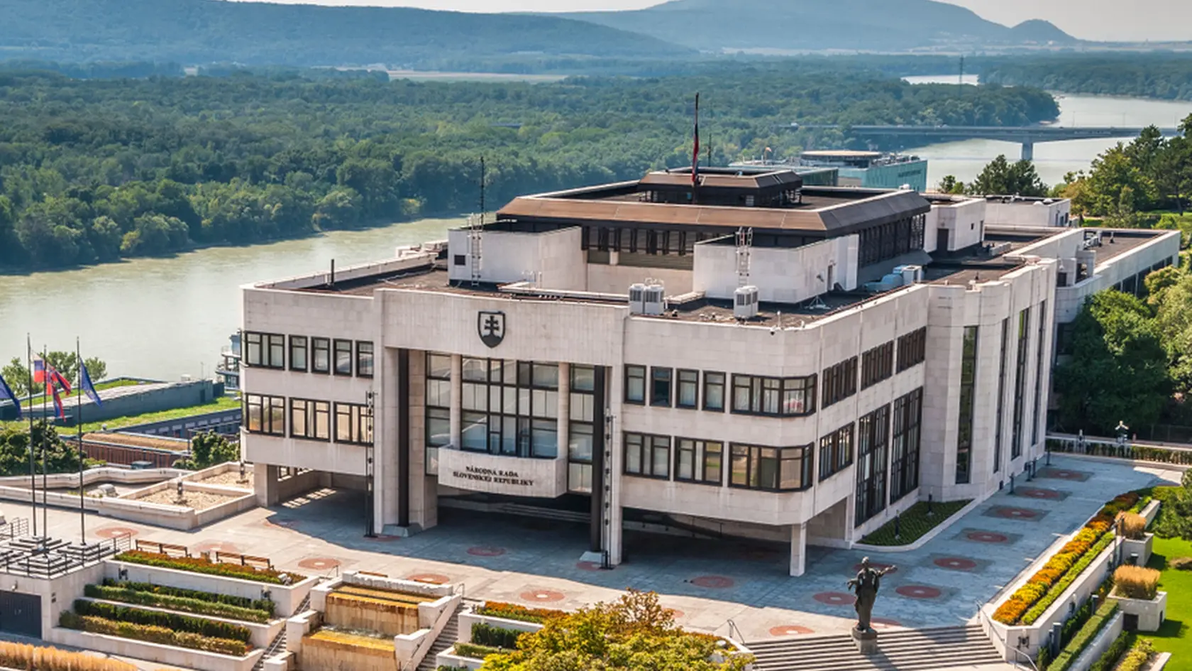 Bratislava, Slovakia - August 10, 2019 The National Council (Slovak: Národná rada), abbreviated to NR SR, the national parliament of Slovakia near the Danube