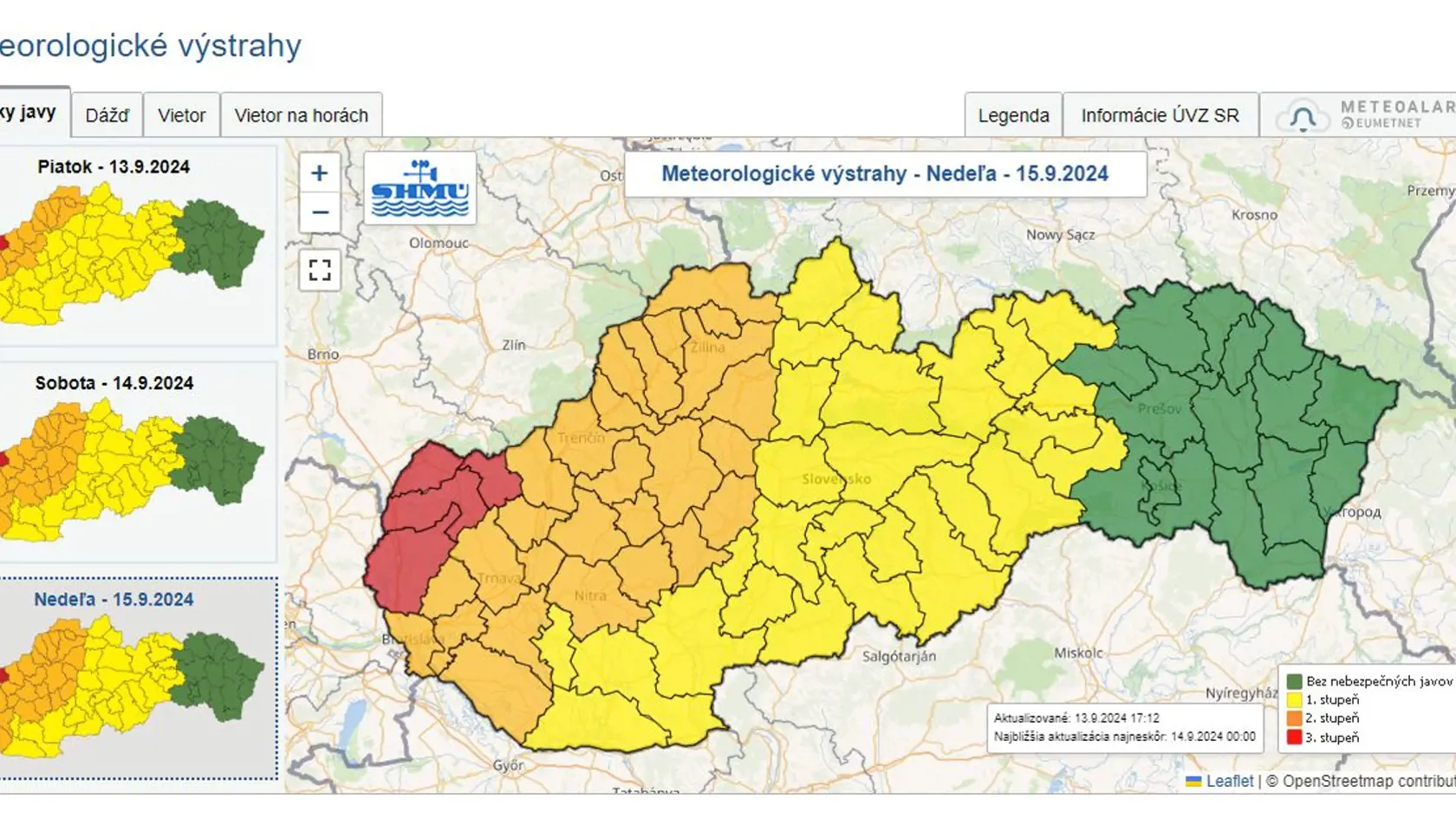 Výstrahy tretieho stupňa pred dažďom platia pre okresy Malacky, Senica, Skalica a Myjava. Počas intenzívneho dažďa tam môže spadnúť okolo 230 milimetrov (mm) zrážok.