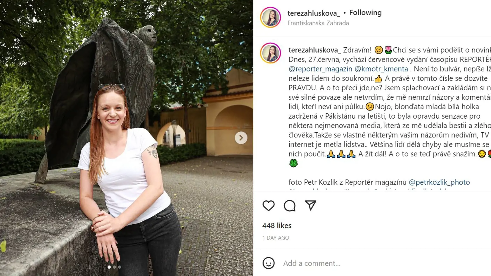 Tereza o rozhovore pre Reportéra informovala aj na sociálnej sieti instagram.