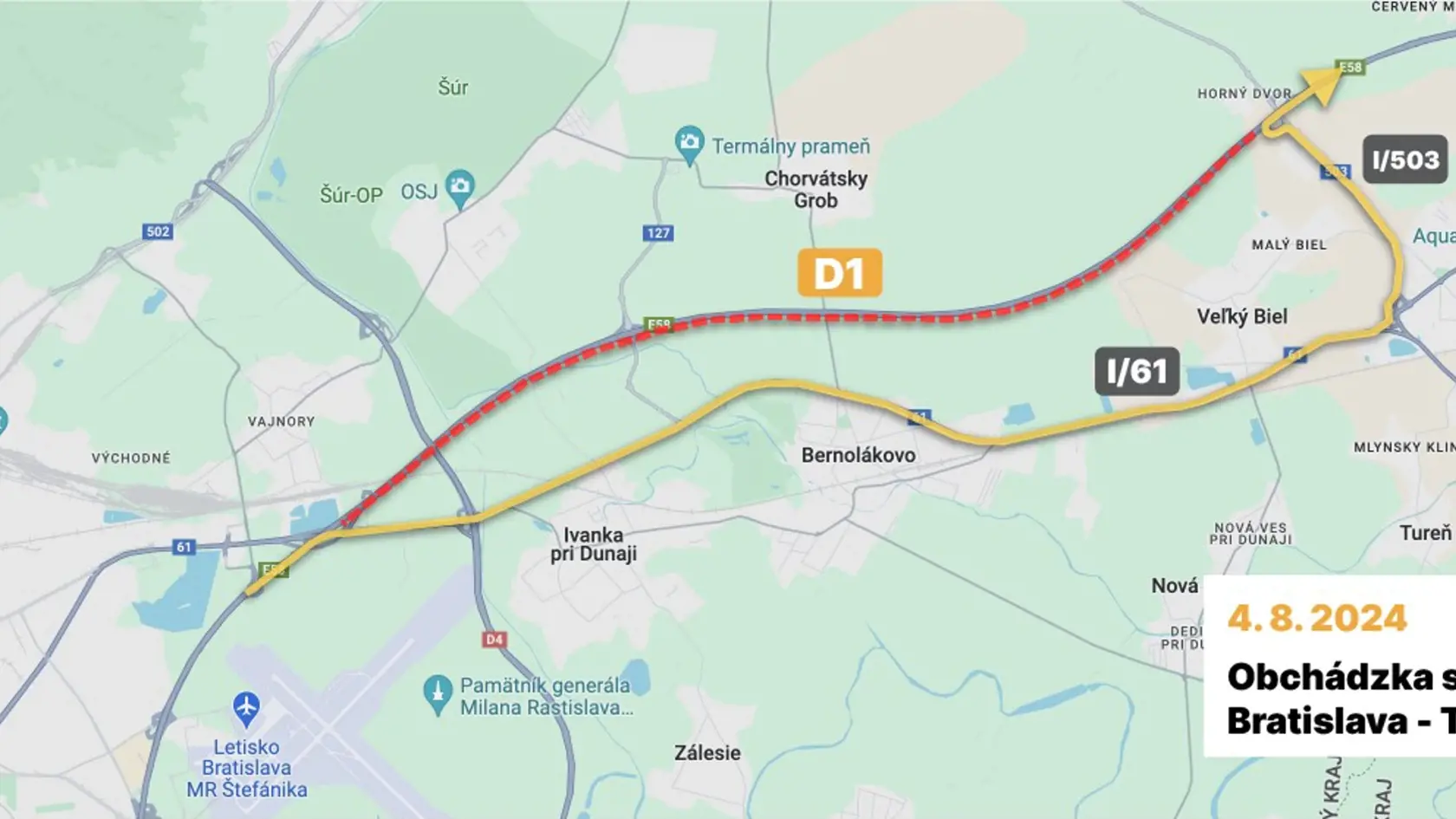 Obchádzka smer Bratislava - Trnava 4. 8. 2024