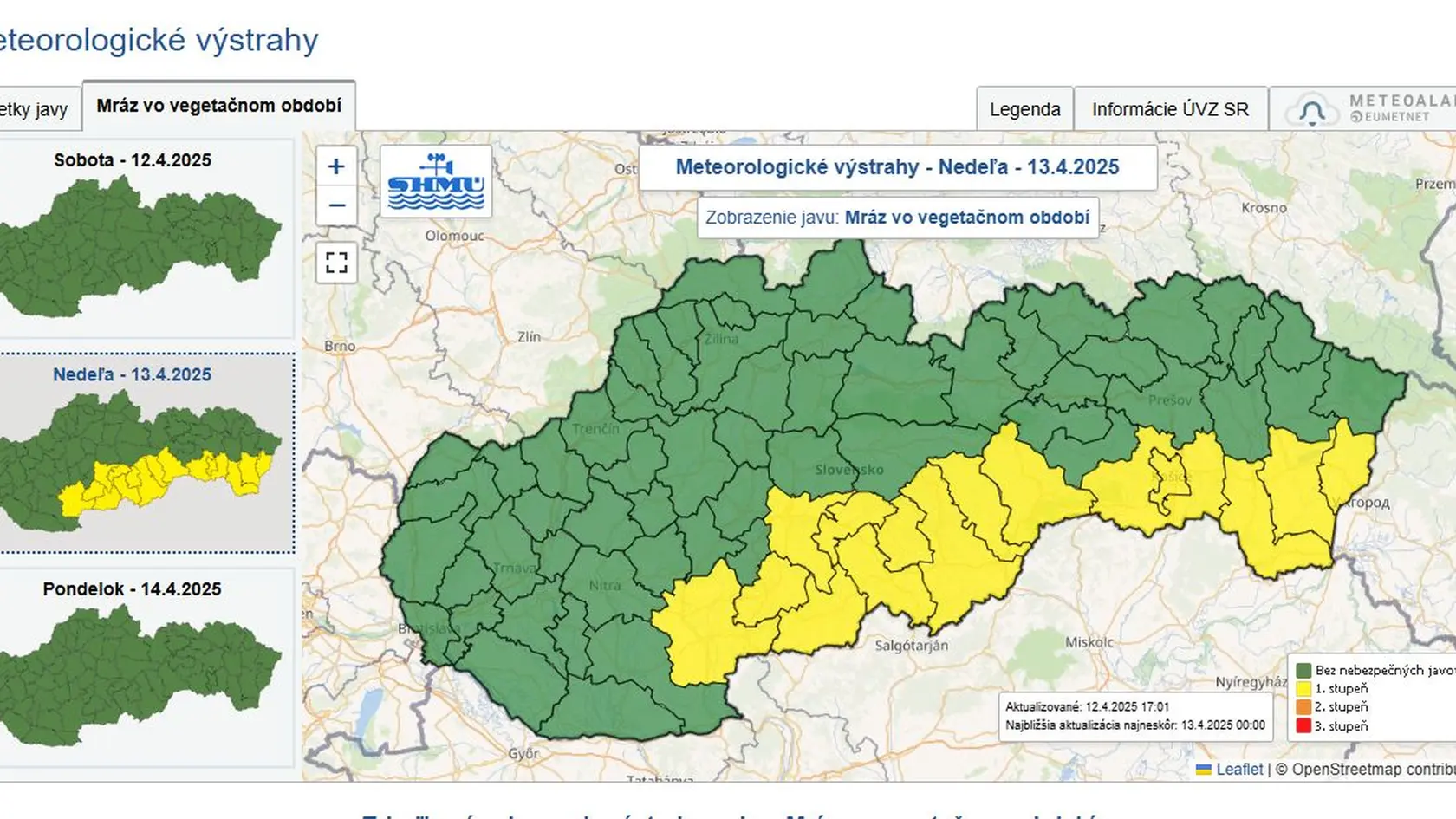 Vo väčšine okresov Banskobystrického a Košického kraja, a tiež v okrese Levice treba zo soboty na nedeľu (13. 4.) počítať s mrazom, ktorý predstavuje ohrozenie pre vegetáciu.