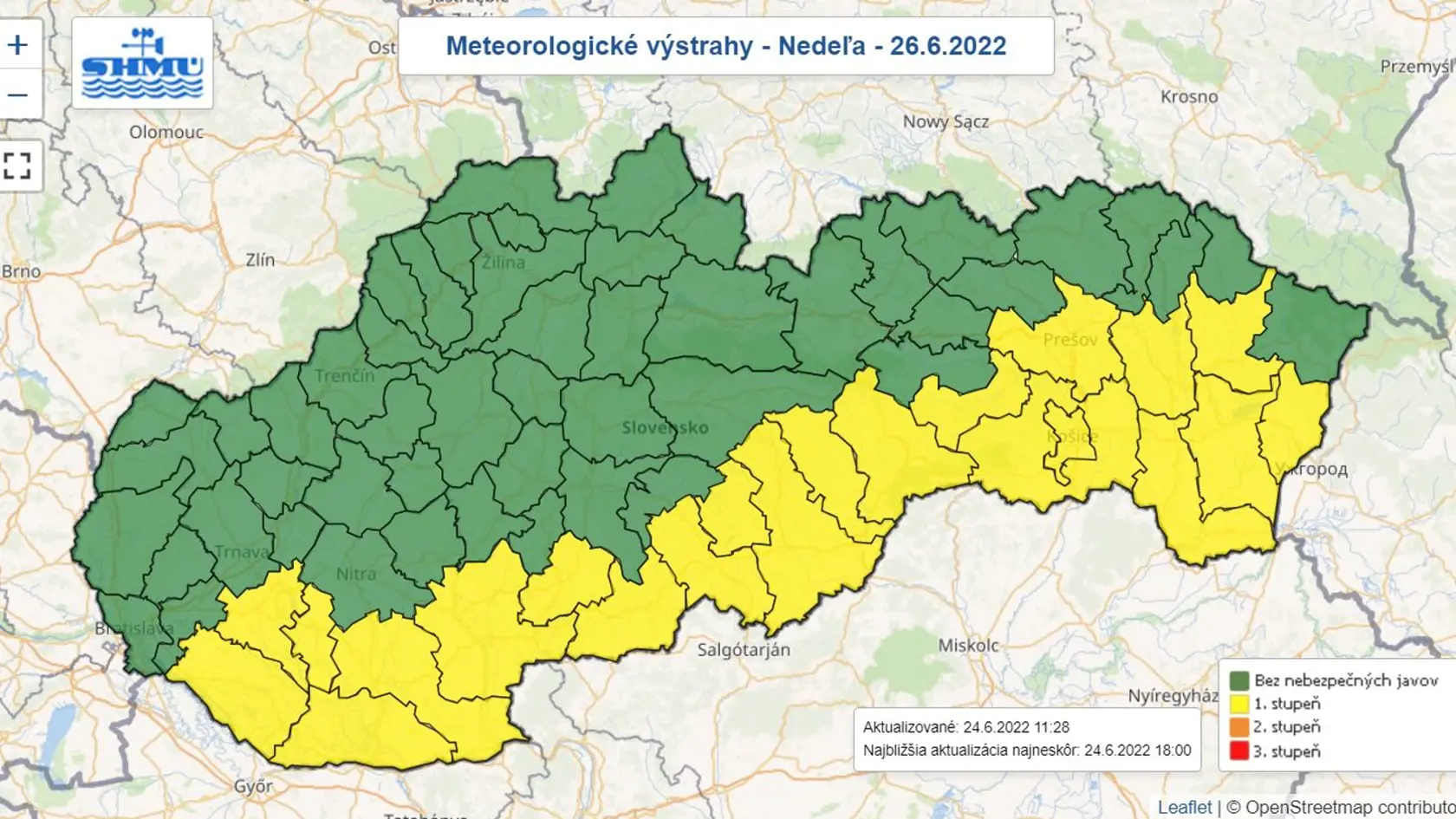 V nedeľu sa výstrahy pred vysokými teplotami rozšíria viac na západ Slovenska. Najvyššia denná teplota od 29 až do 34 stupňov. Najteplejšie bude na západe Slovenska. Ojedinele sa vyskytnú prehánky a búrky.