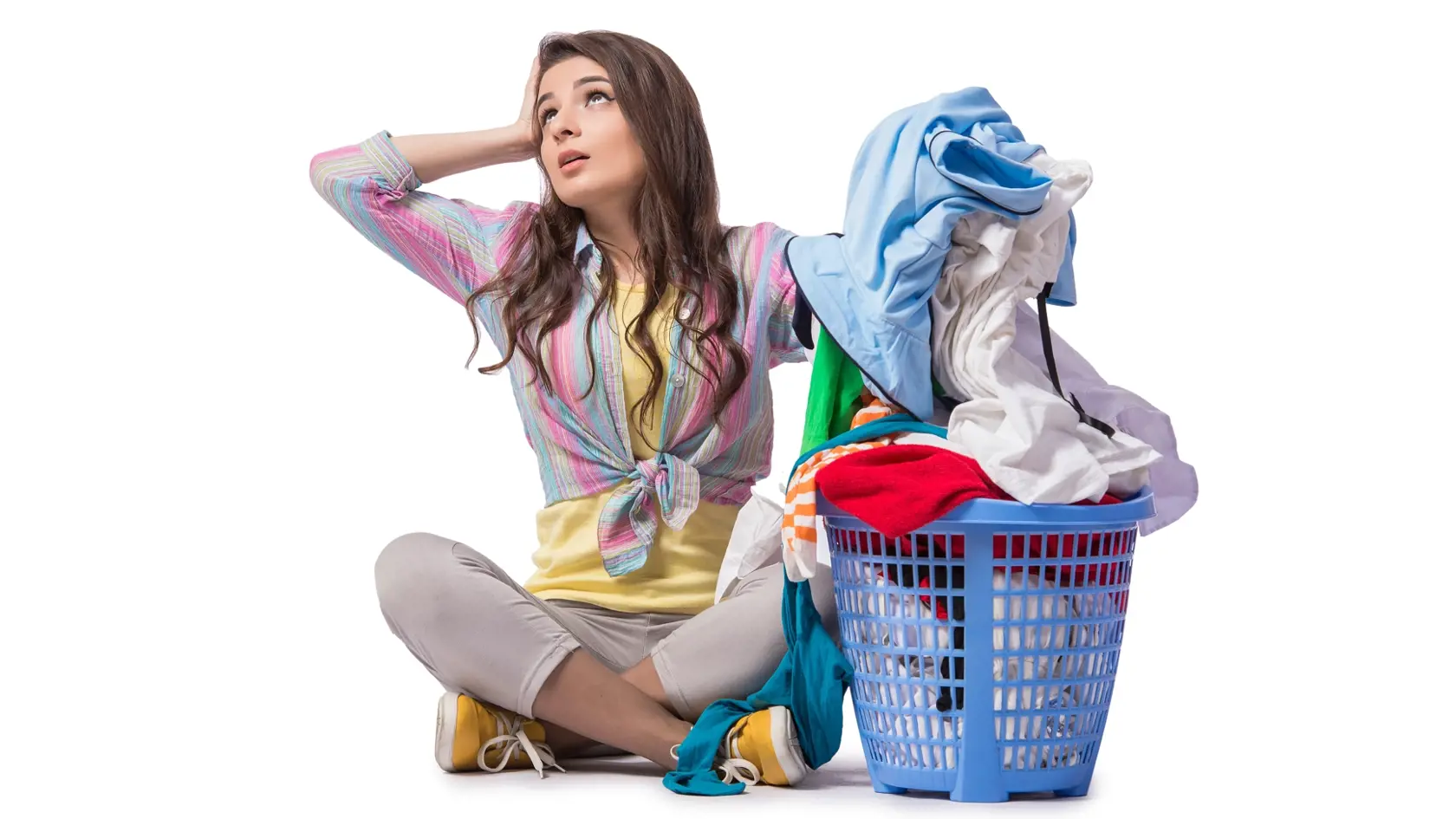 Woman,Tired,After,Doing,Laundry,Isolated,On,White
